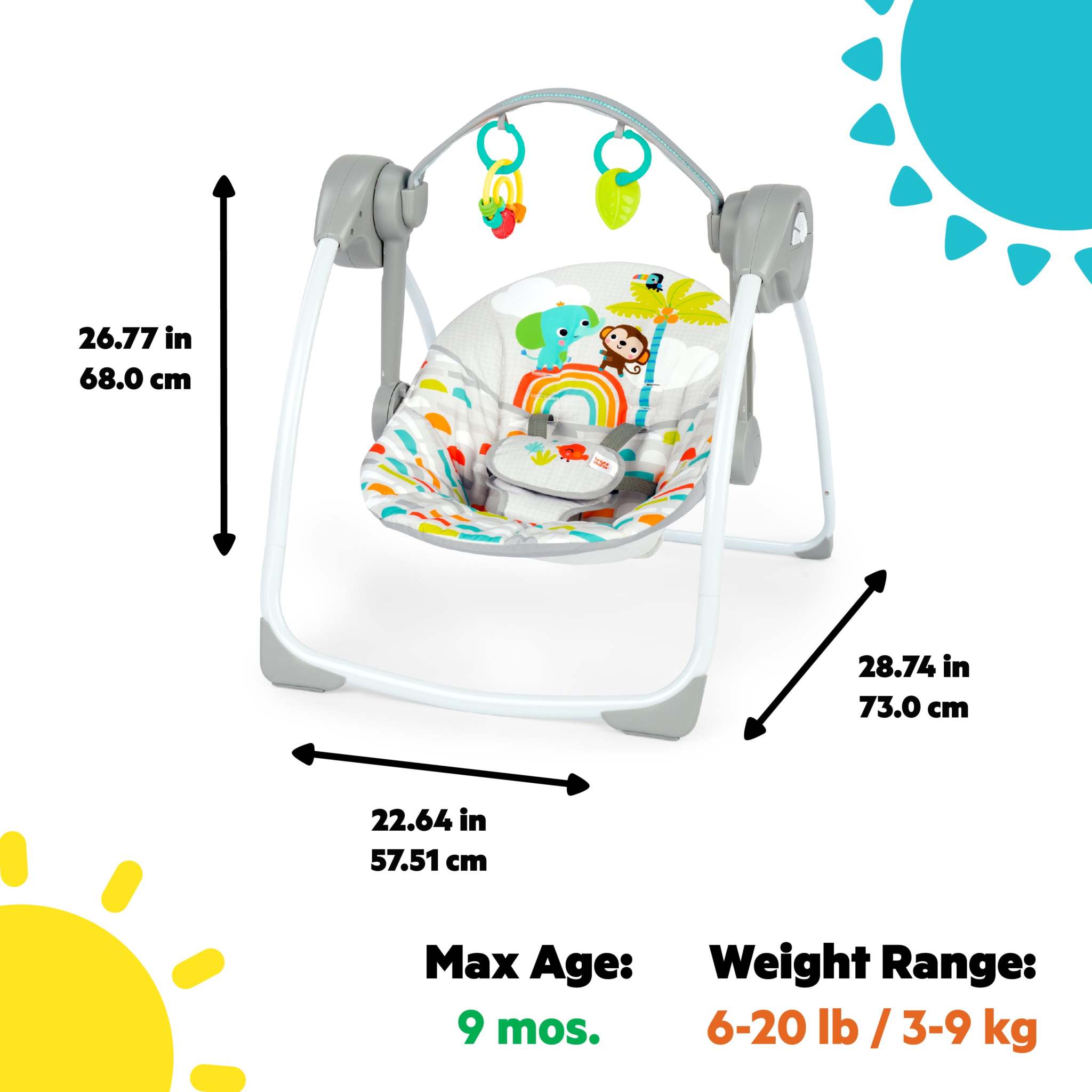 Playful Paradise Portable Swing with toy bar and rainbow design for babies