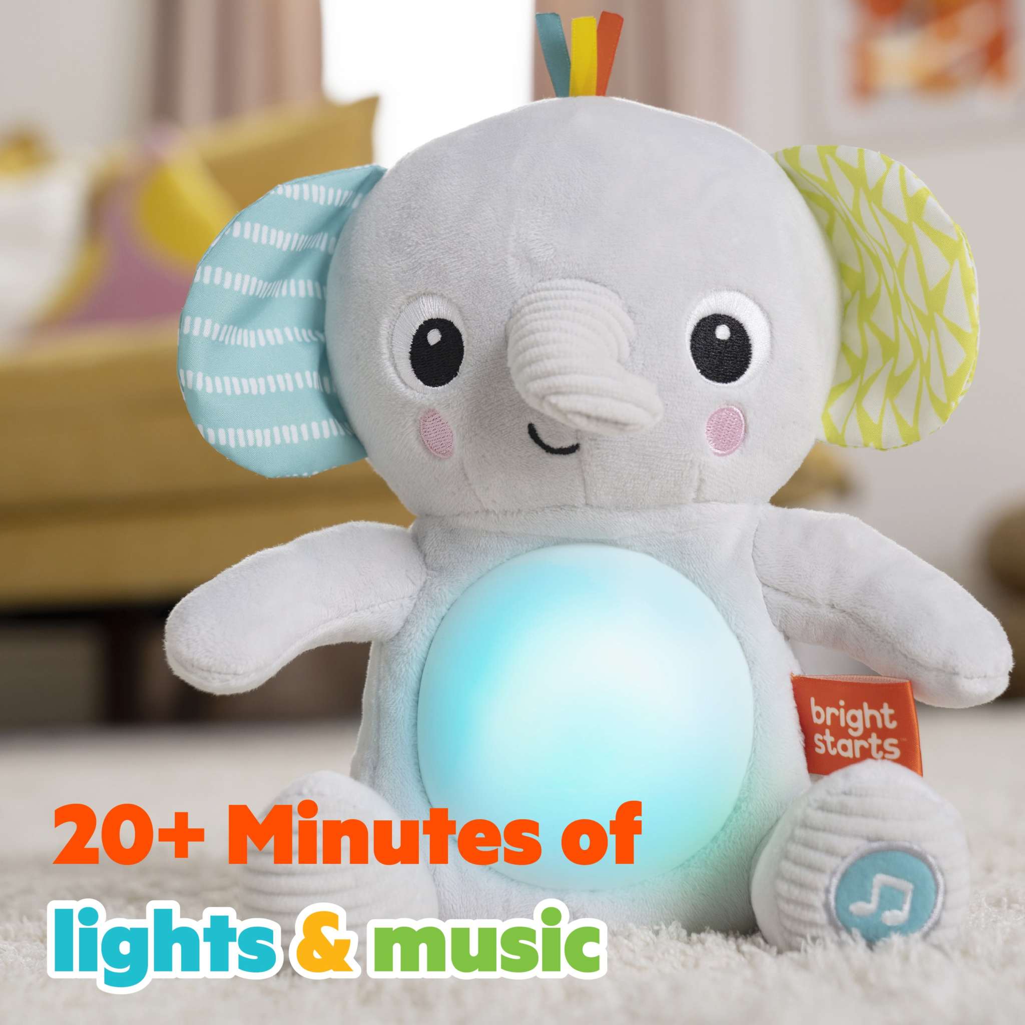 Hug-a-bye Baby soft elephant toy with musical lights and textured features for infants