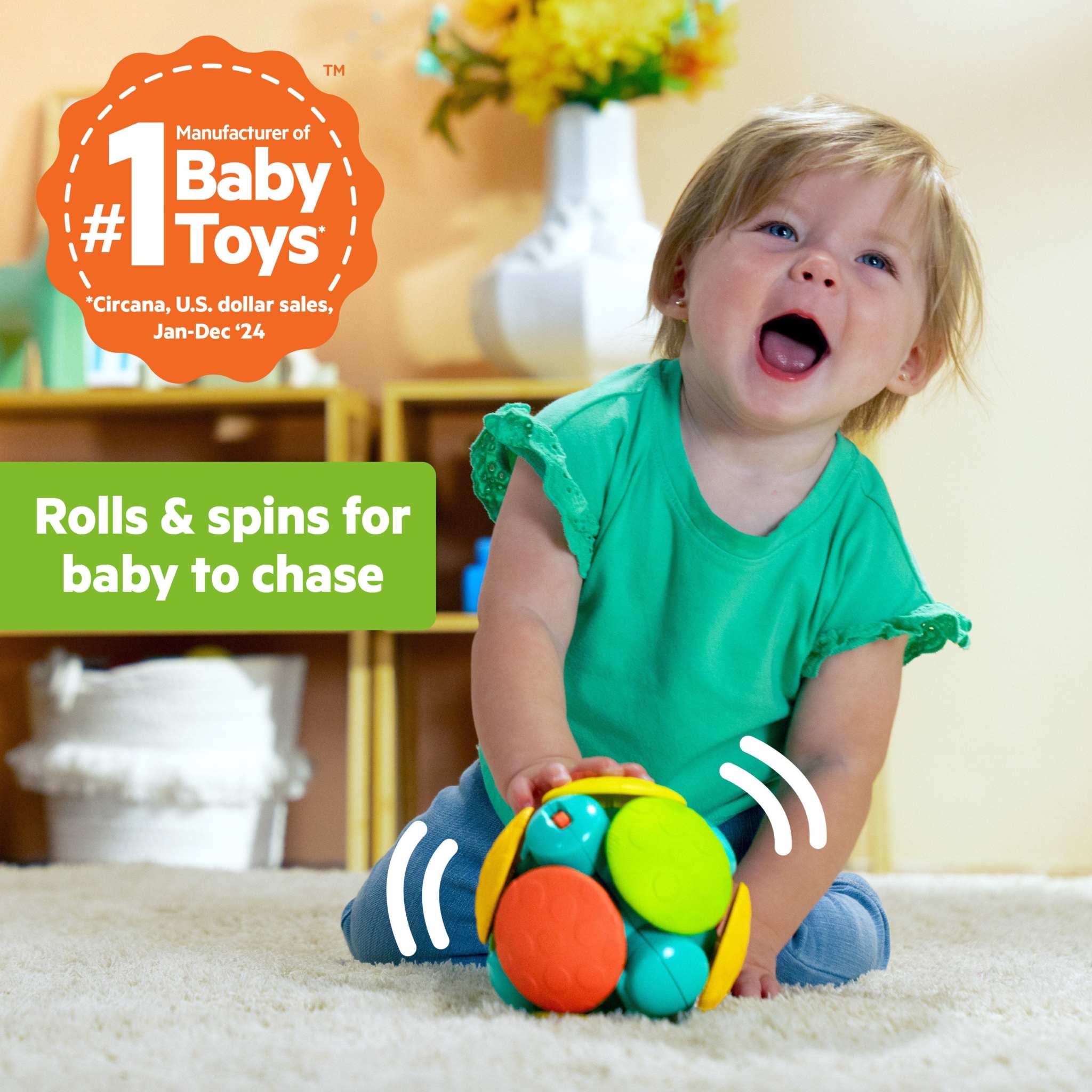 Baby playing with Bright Starts Wobble & Rattle Gift Set toys on carpet, smiling and crawling