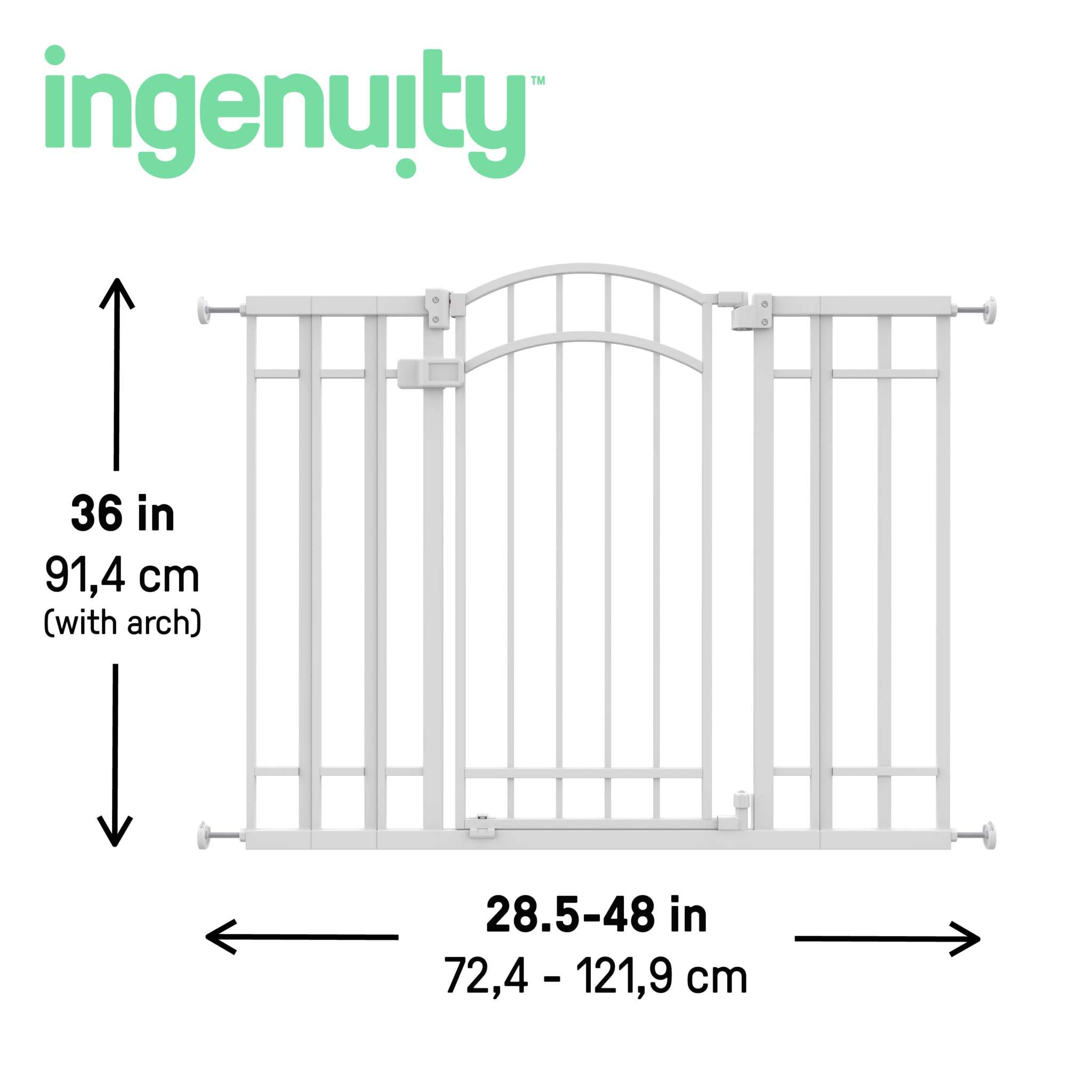 White Doorway 48W Series metal baby and pet safety gate with decorative arch and pressure mount system
