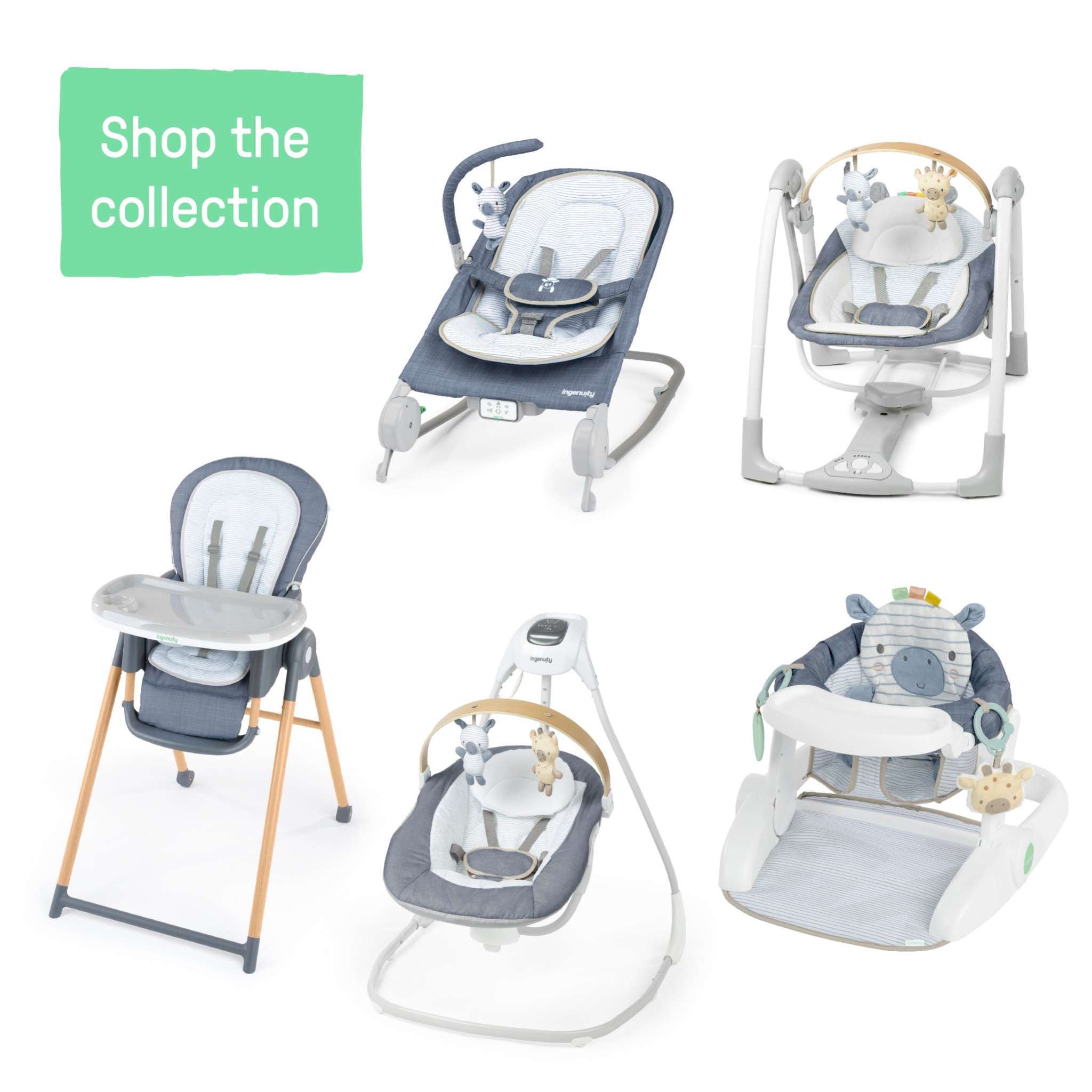 Ingenuity Swing ‘n Go portable baby swing with removable toy bar and plush seat in chambray color