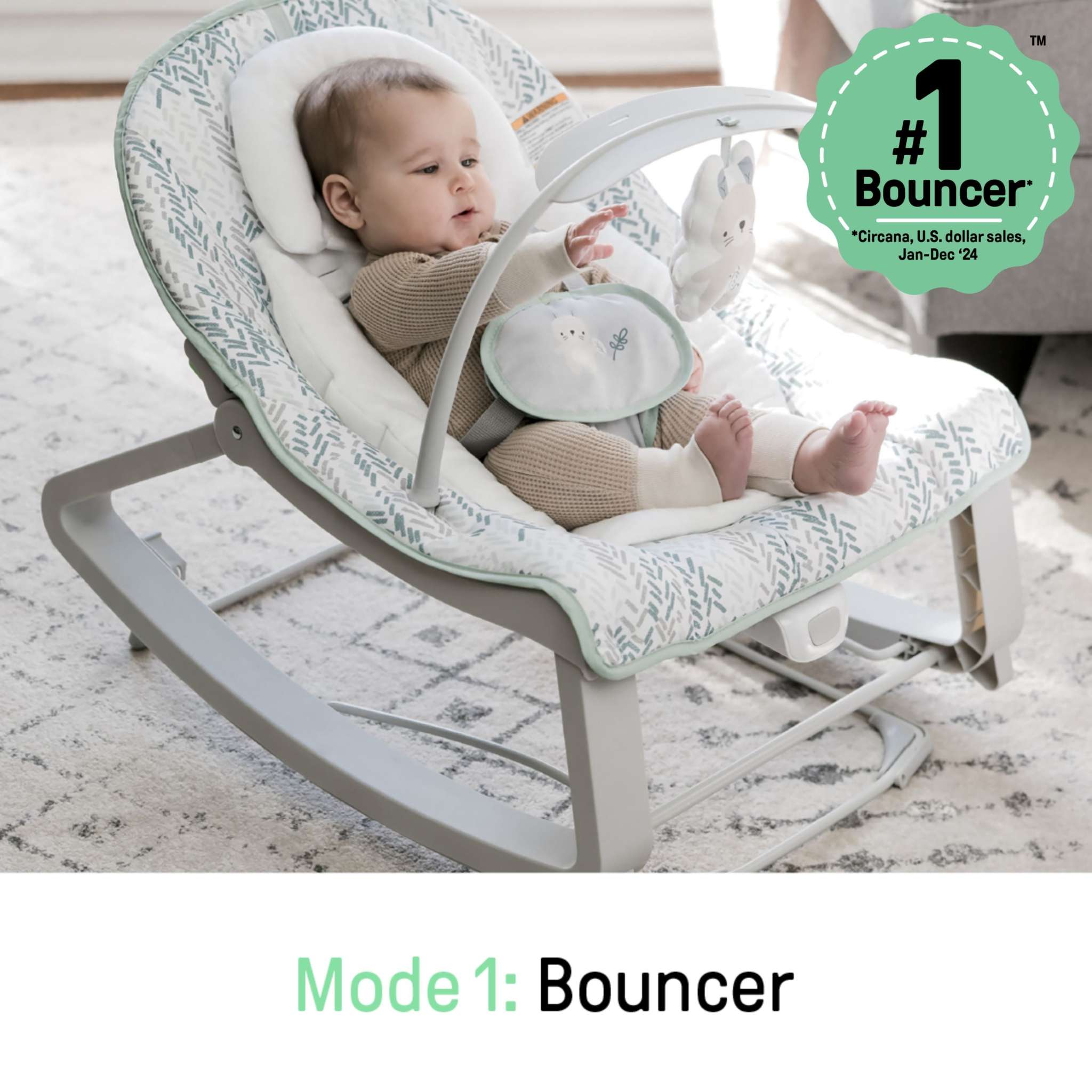 Keep Cozy Baby Bouncer 3-in-1 infant seat and toddler rocker in spruce color with plush bunny toy