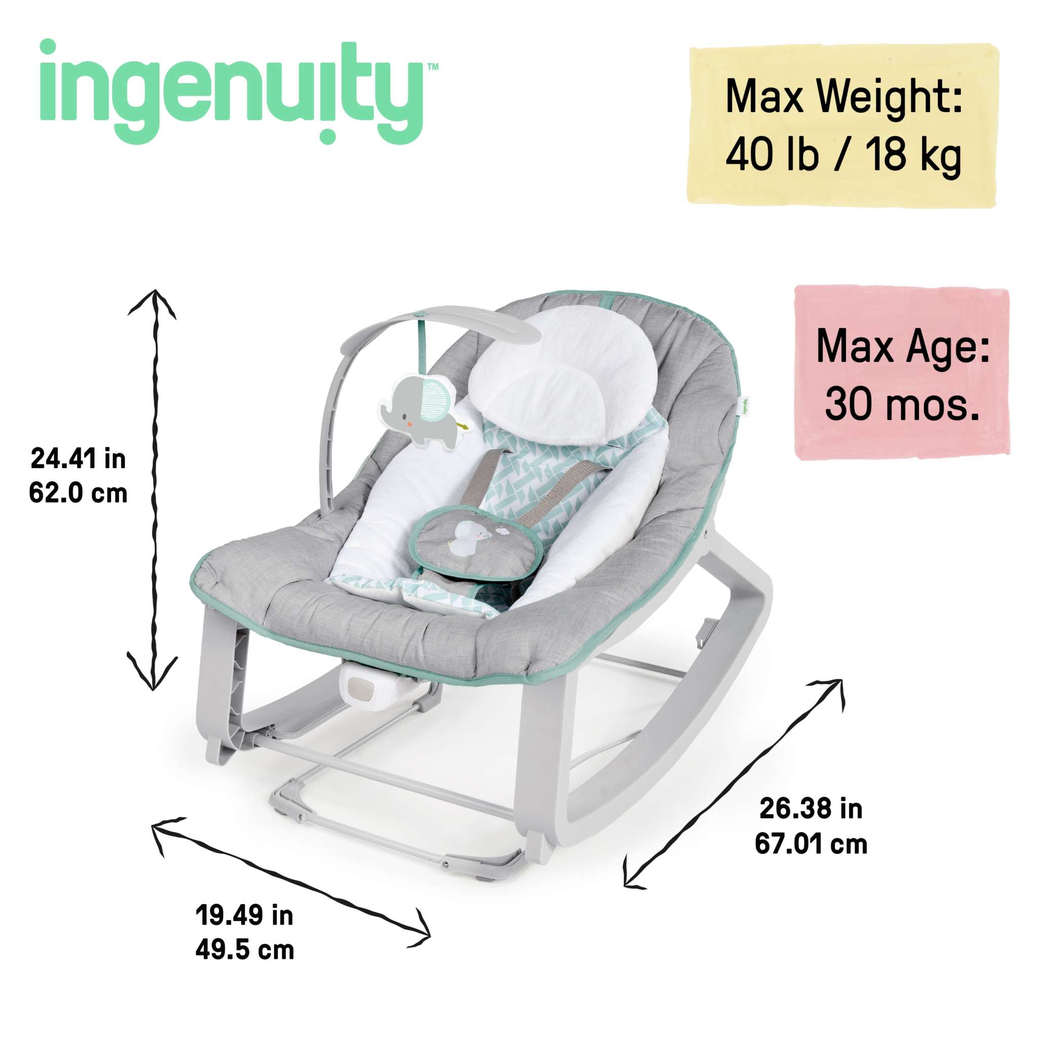 Ingenuity Keep Cozy Baby Bouncer 3-in-1 seat with plush elephant toy and neutral design