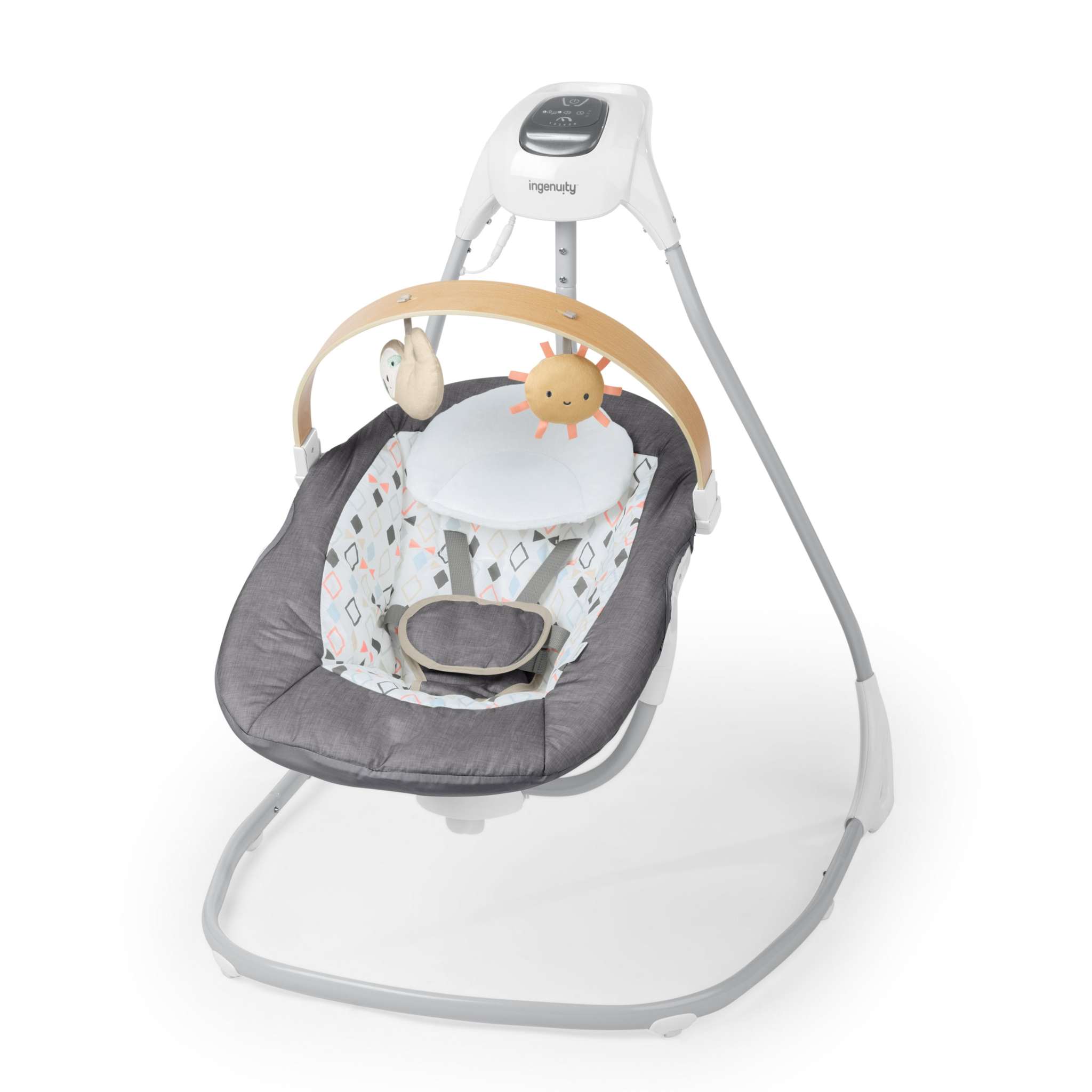 SimpleComfort Compact Soothing Swing with removable toy bar, interactive toys, and 180-degree rotation.