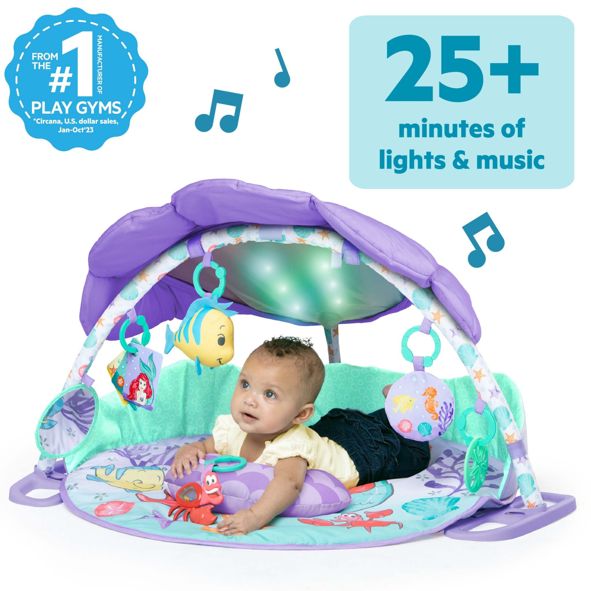 THE LITTLE MERMAID Twinkle Trove™ Lights & Music Activity Gym with seashell canopy, includes plush toys and music for baby development.