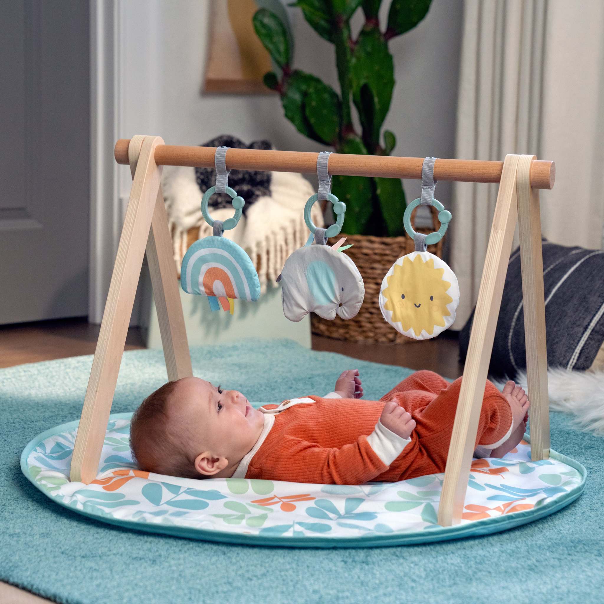 baby playing in sun valley wooden toy arch & play mat