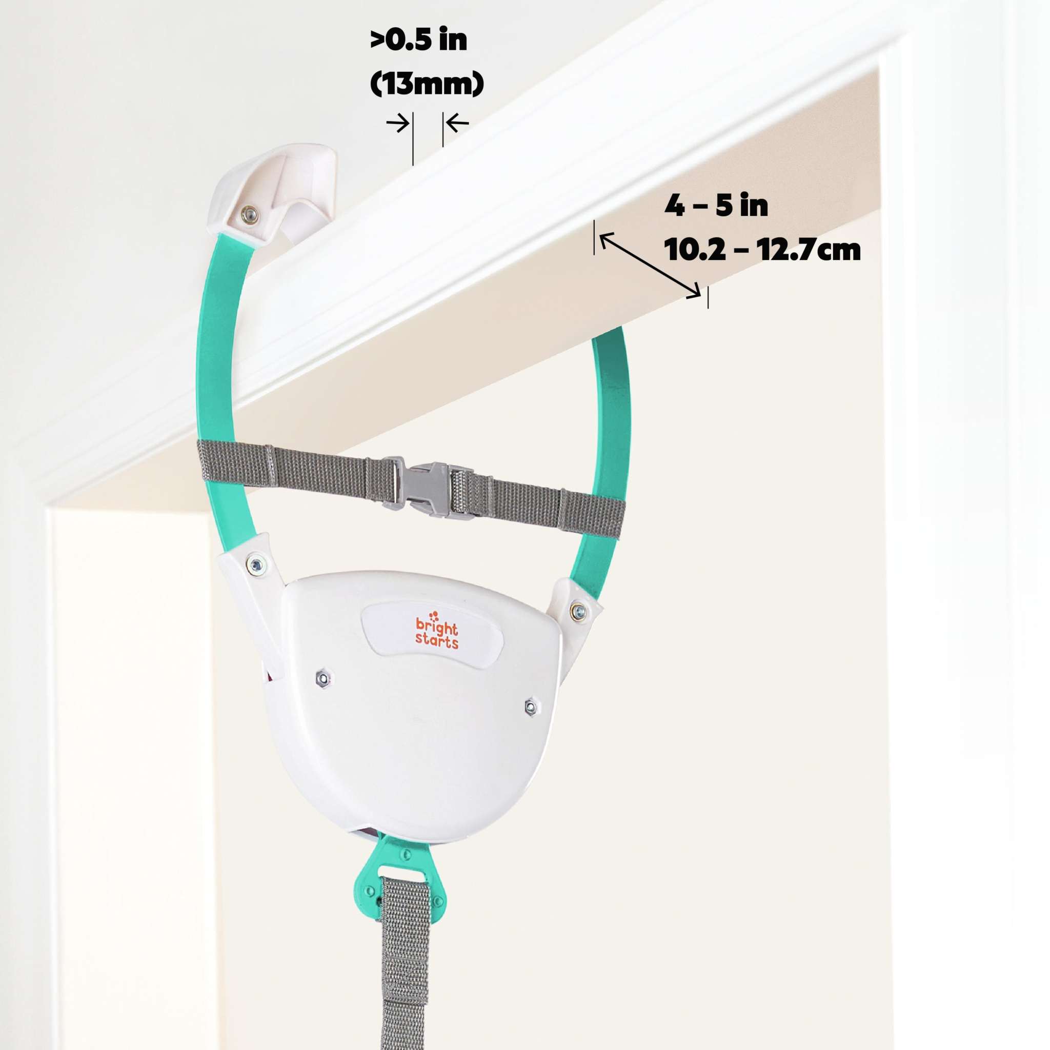 Bright Starts Playful Parade Door Jumper hanging in doorway with baby bouncing and playing