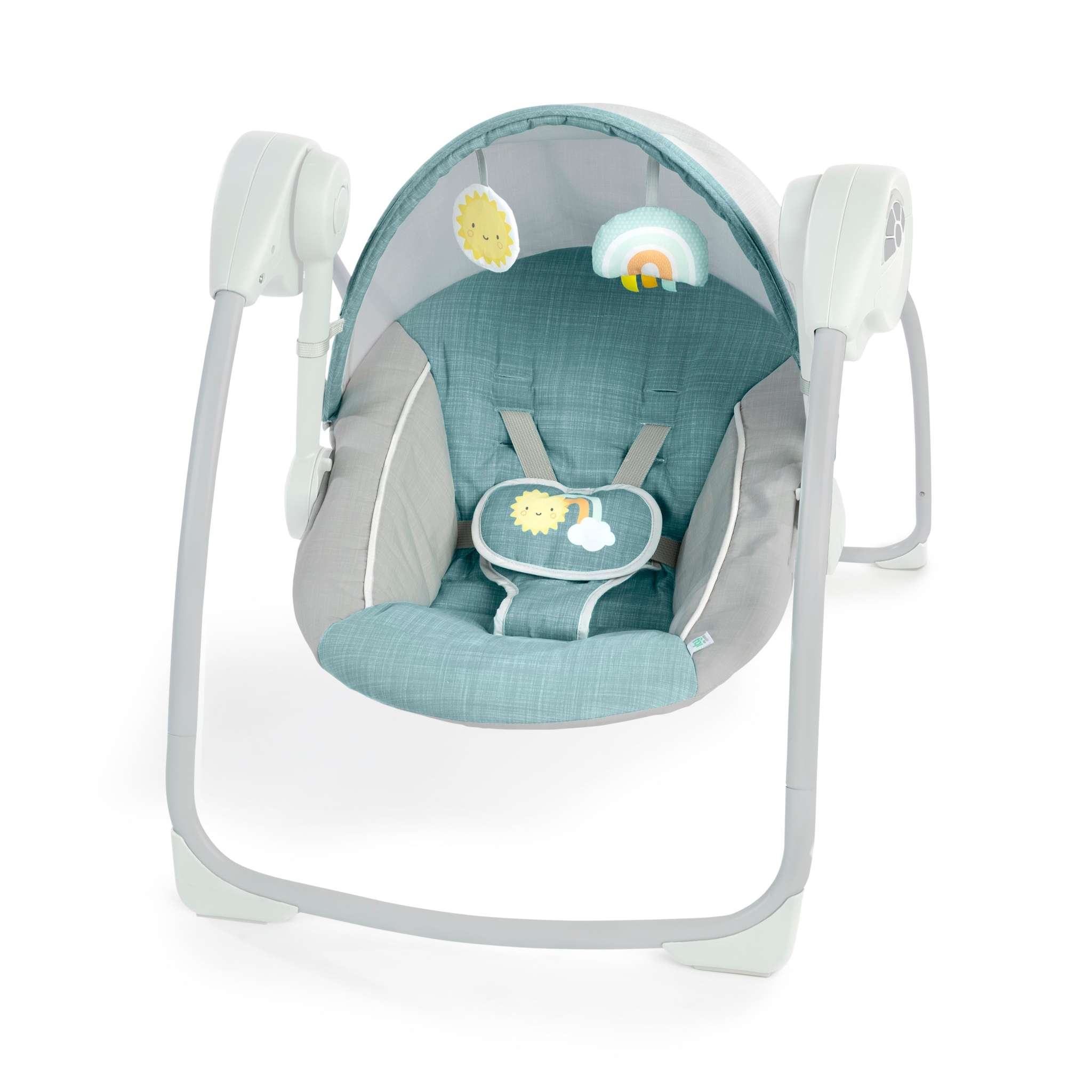 Sun Valley Canopy Portable Swing in teal with canopy, reclining seat, toys, and adjustable harness