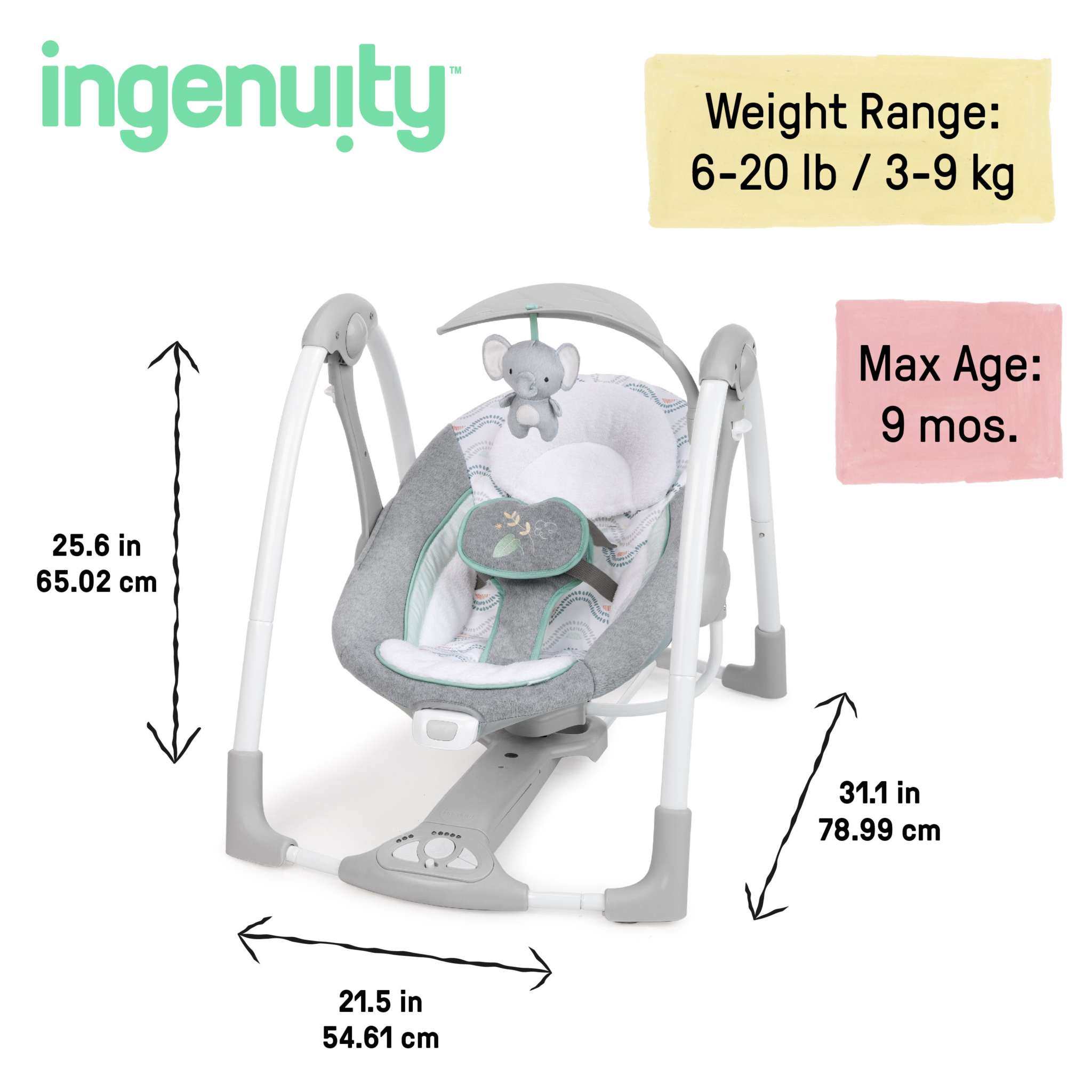 Ingenuity ConvertMe 2-in-1 portable baby swing with infant seat and plush toy