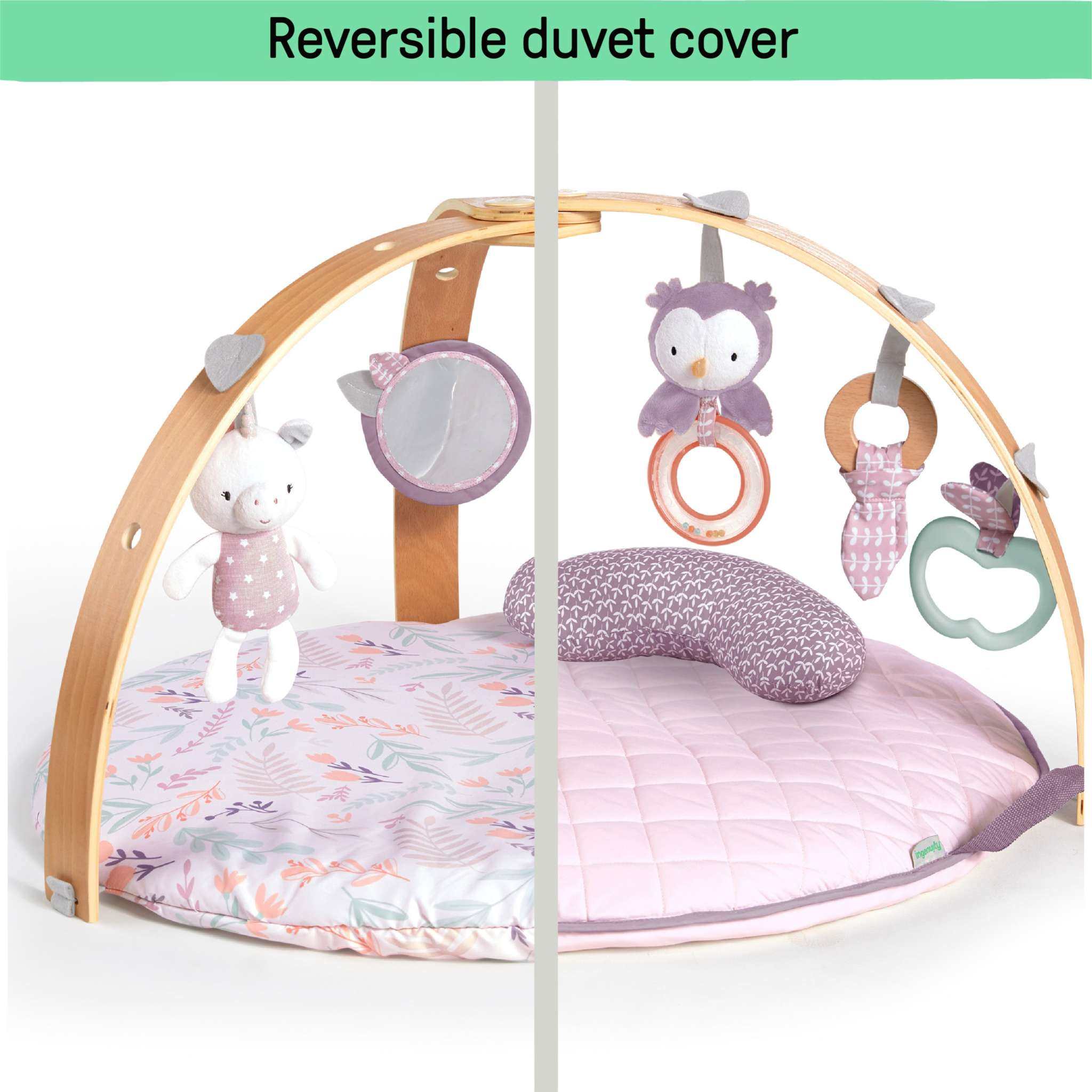Ingenuity Cozy Spot reversible duvet activity gym with plush mat and wooden toy bar