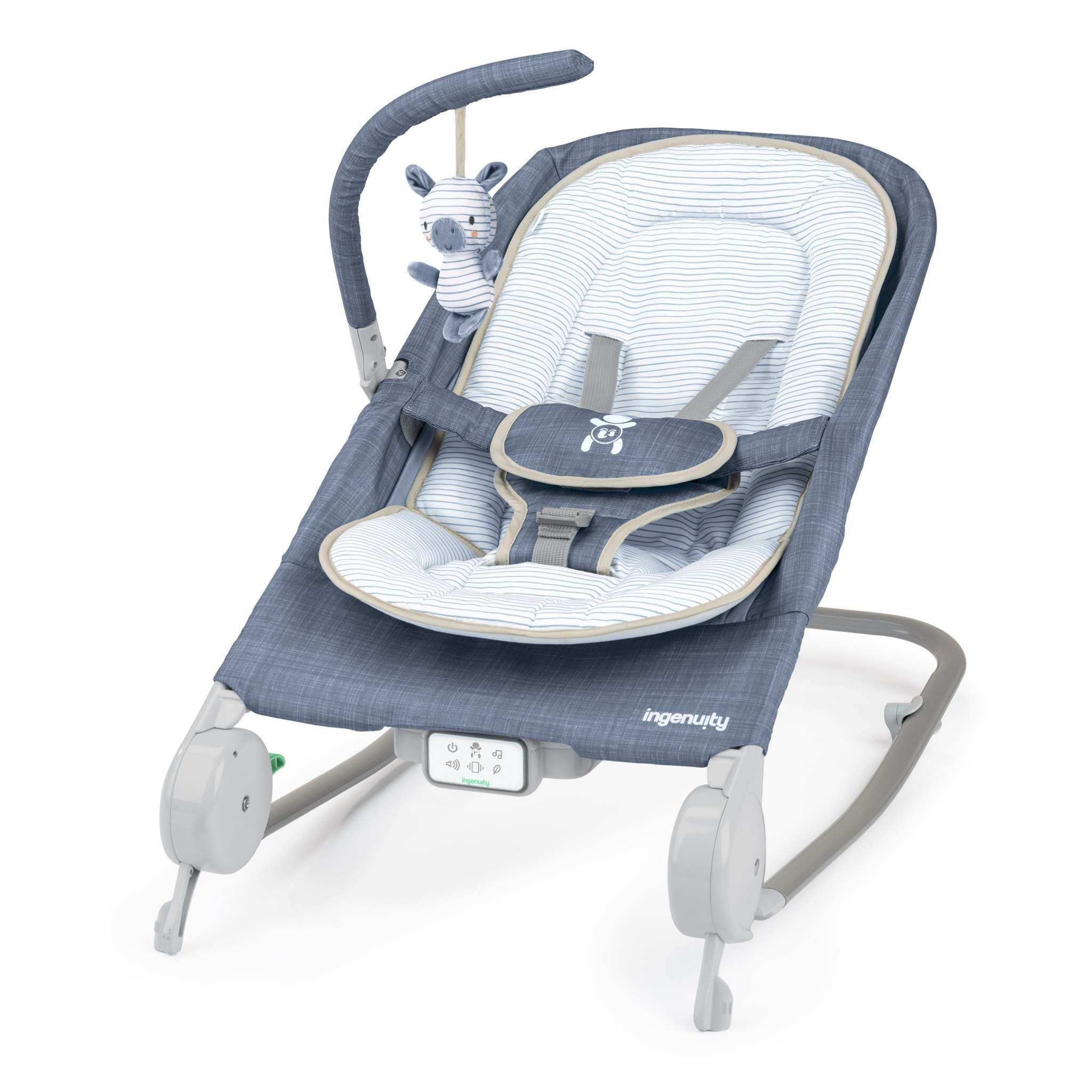 Ingenuity Happy Belly Rock-to-Bounce massage baby seat in blue chambray