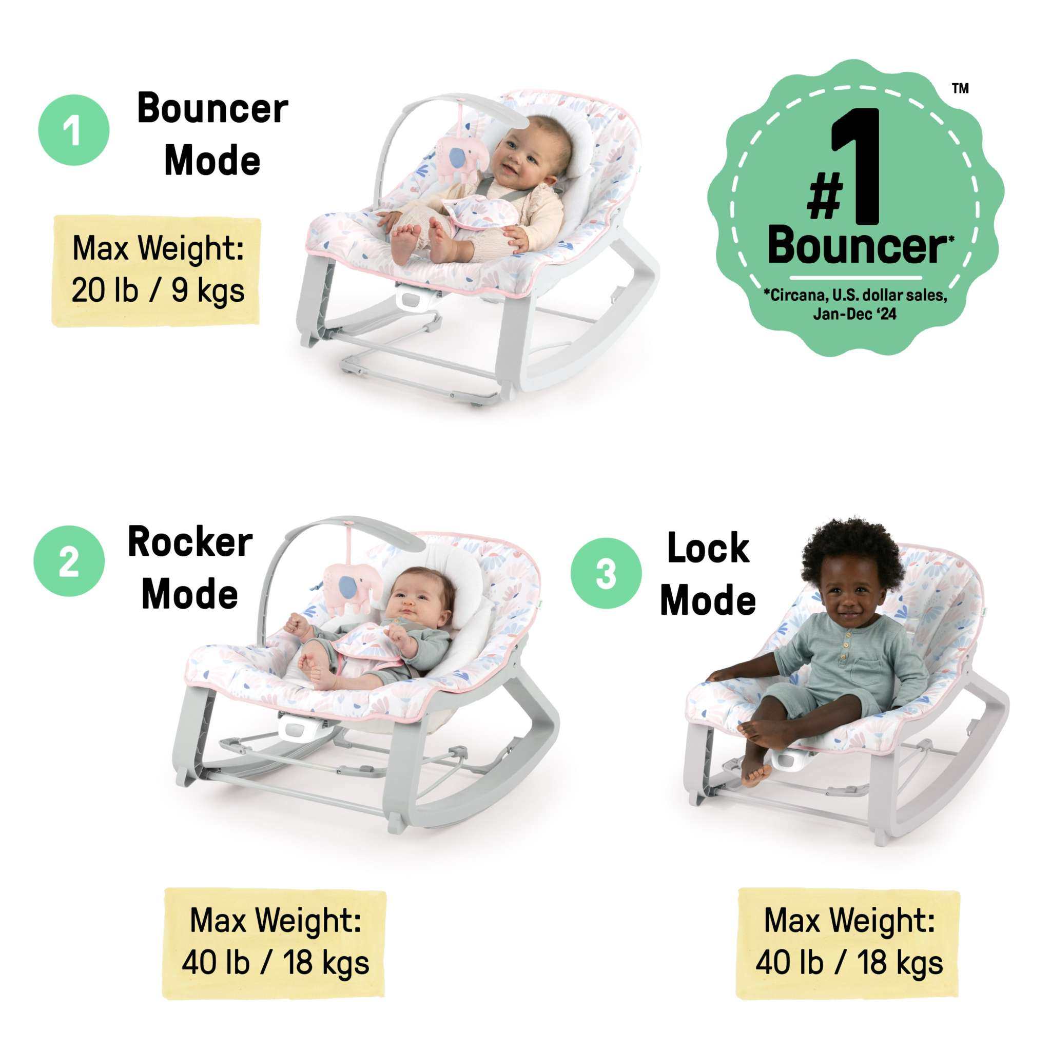 Ingenuity Keep Cozy 3-in-1 baby bouncer rocker and toddler seat in neutral burst design