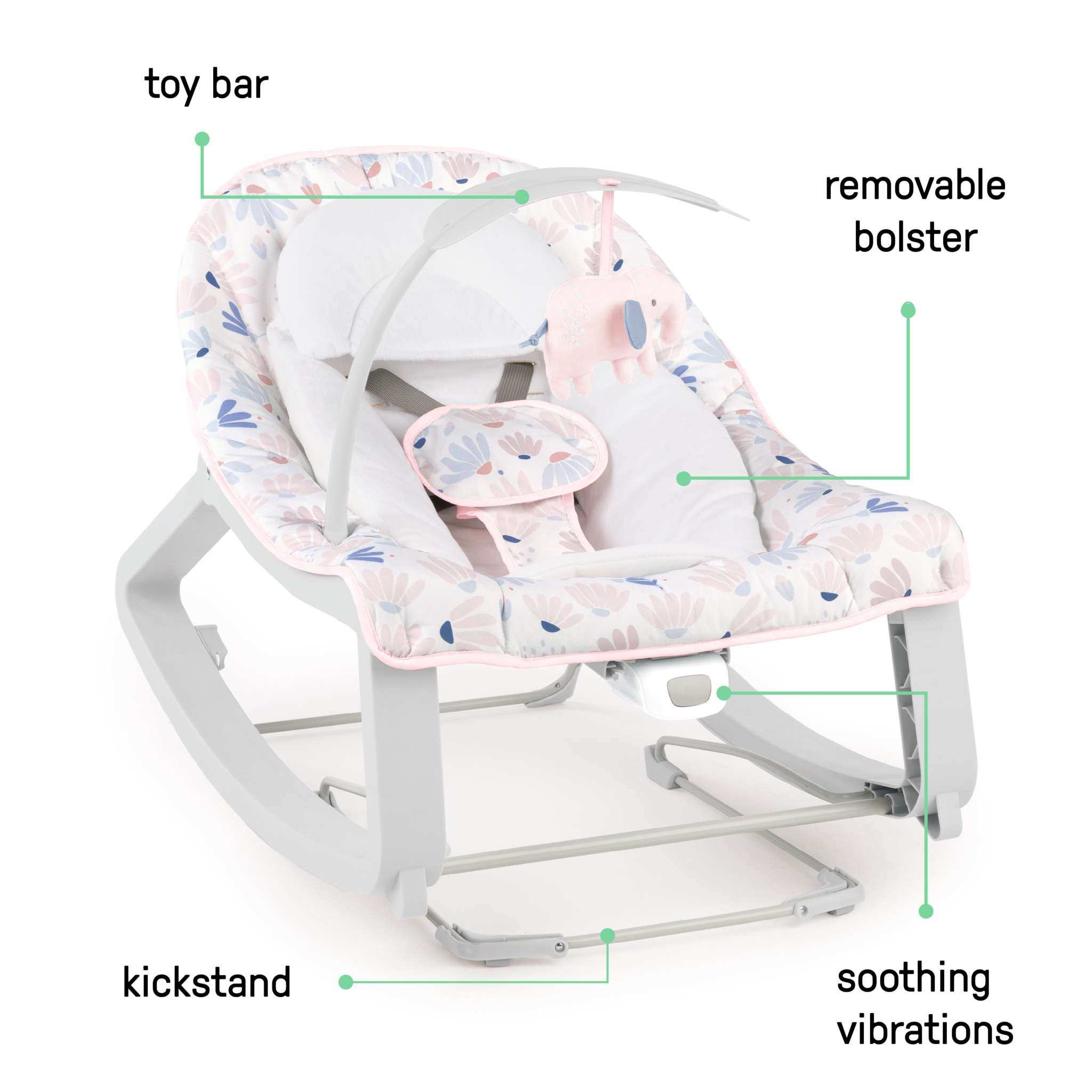 Ingenuity Keep Cozy 3-in-1 baby bouncer rocker with neutral design and plush elephant toy