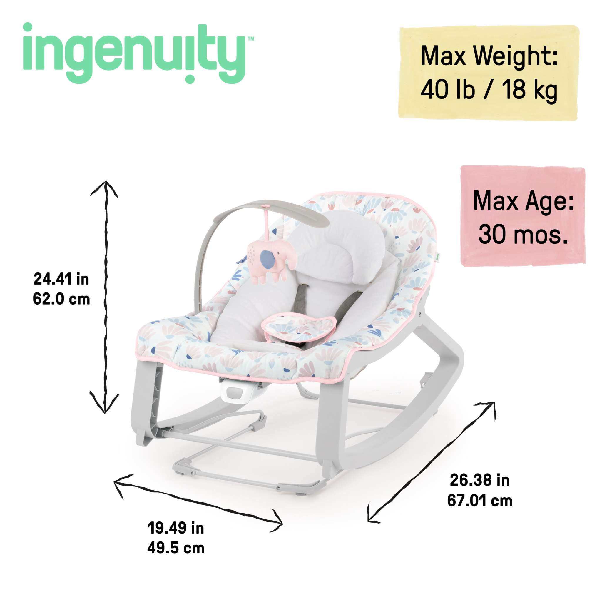 Ingenuity Keep Cozy 3-in-1 baby bouncer rocker with plush elephant toy