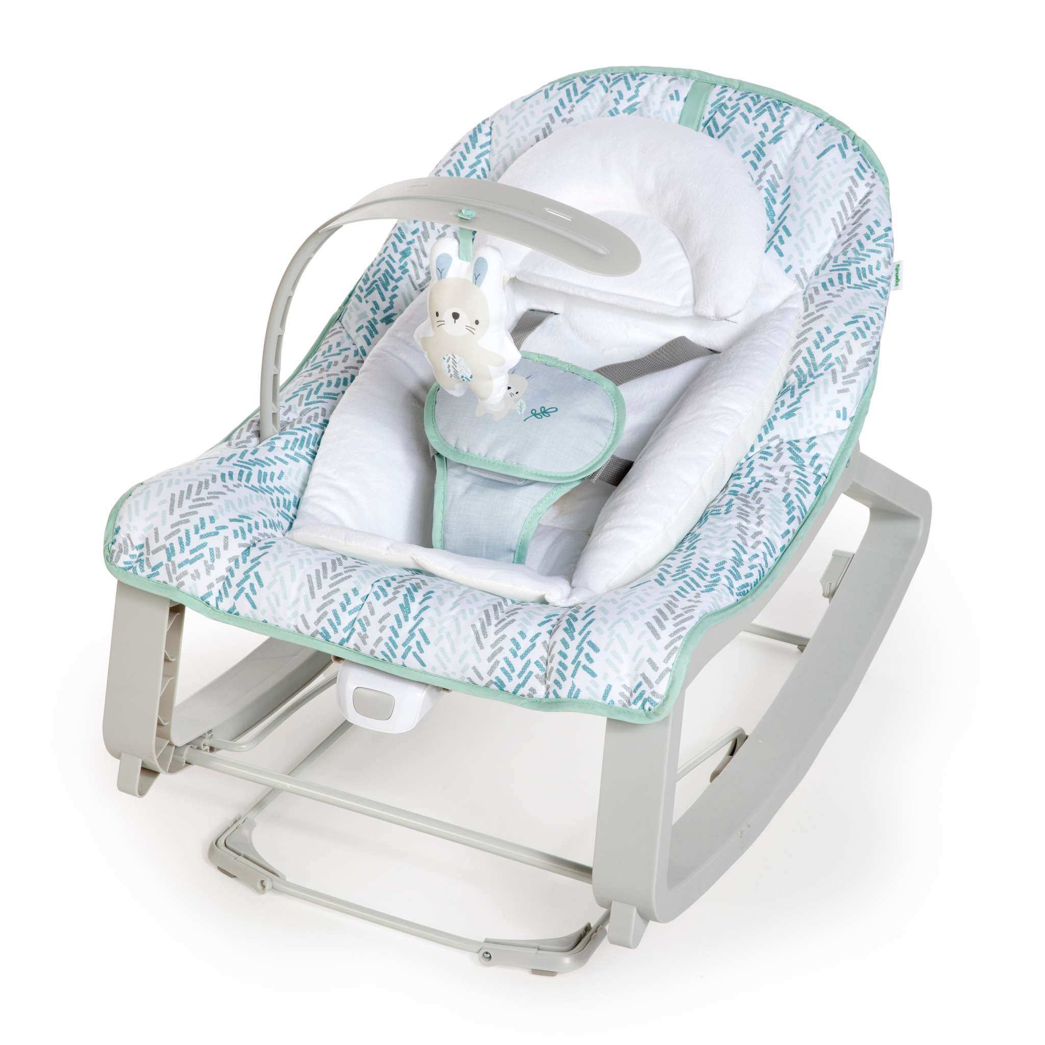 Ingenuity Keep Cozy 3-in-1 baby bouncer rocker in spruce color with plush bunny toy