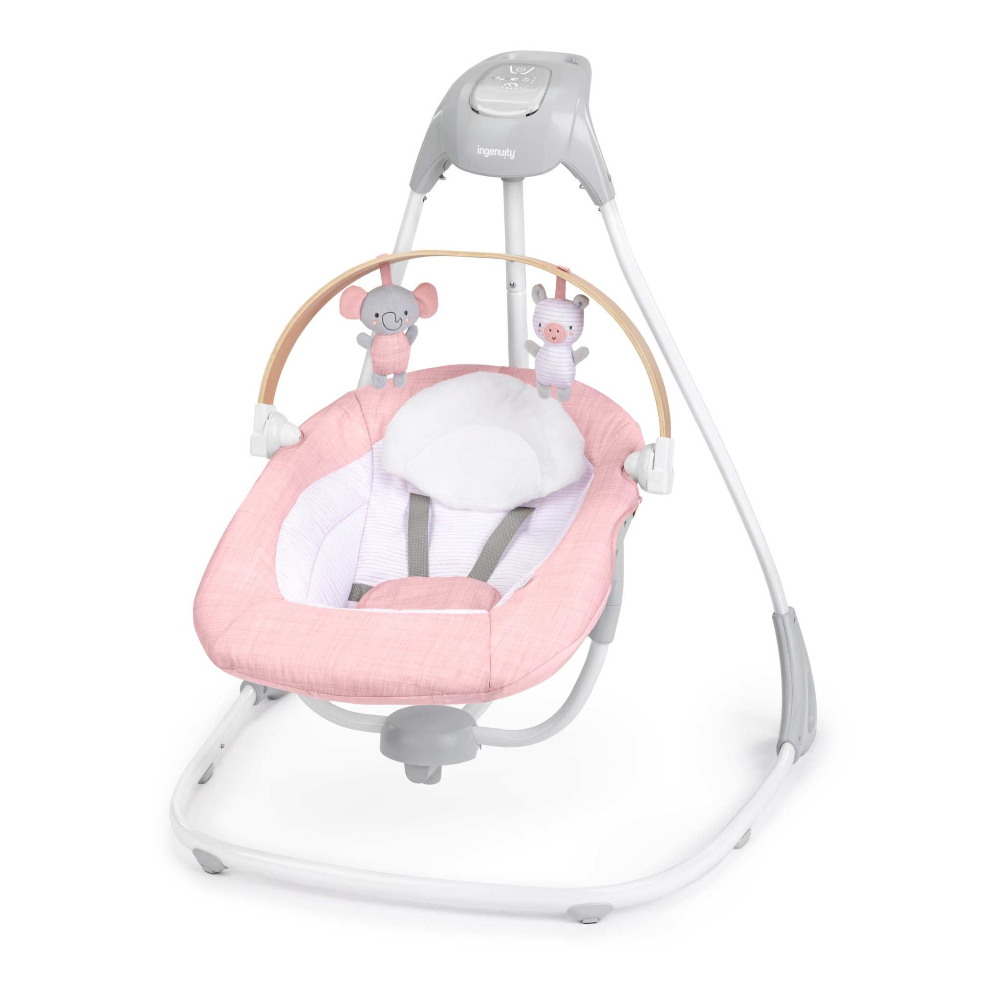 Ingenuity SimpleComfort Compact Soothing Swing with rotating toy bar in chambray