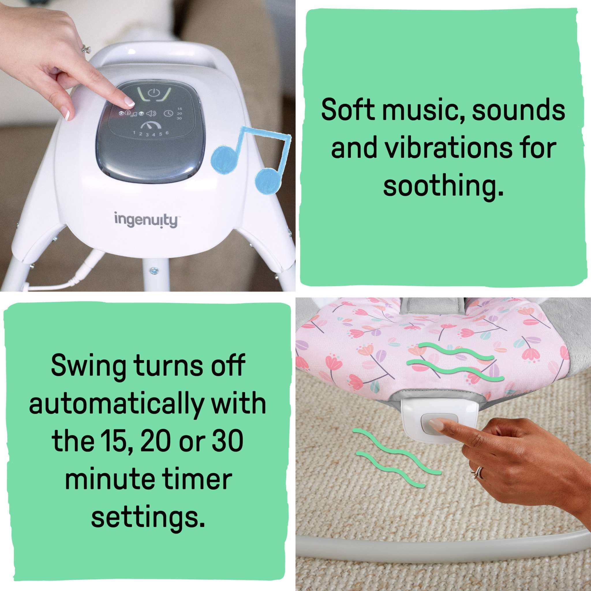 Ingenuity SimpleComfort Multi-Direction Compact Vibrating Baby Swing Cassidy with plush toys