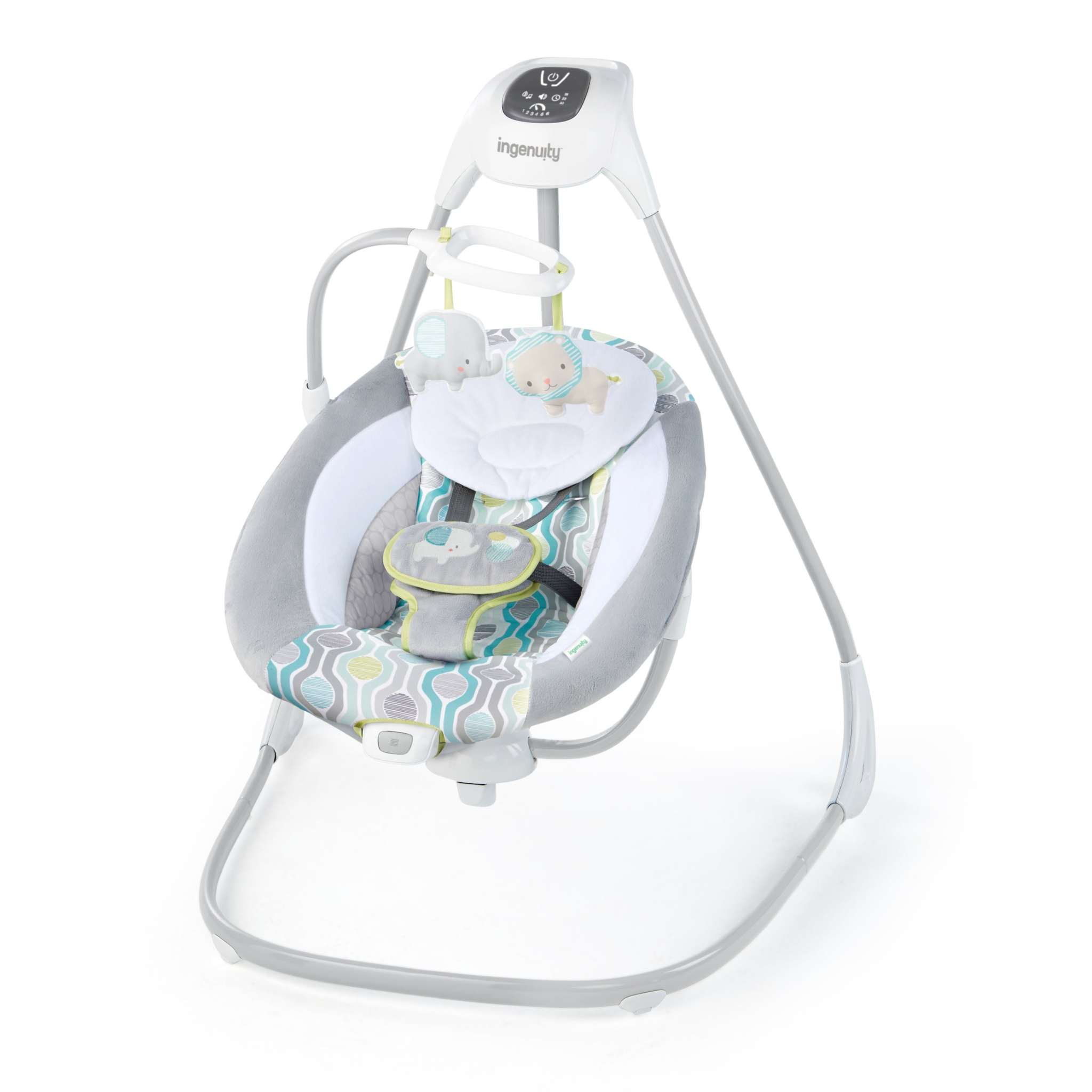 Ingenuity SimpleComfort Multi-Direction compact baby swing with plush toys