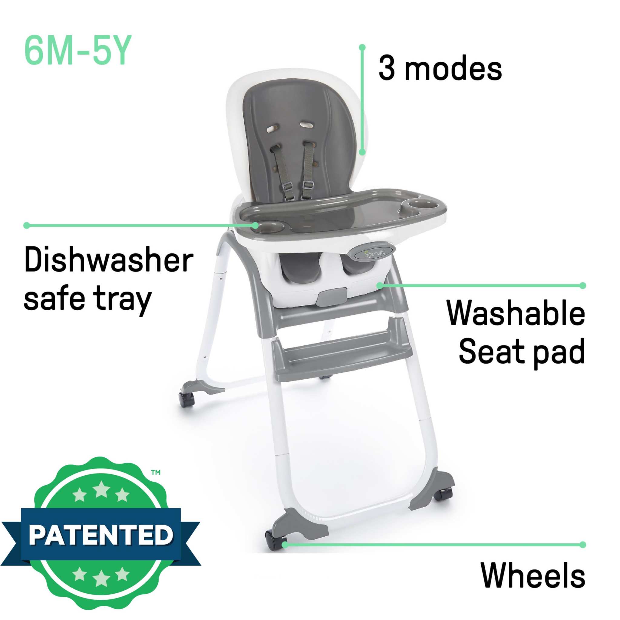 Ingenuity SmartClean Trio Elite 3-in-1 convertible high chair in gray