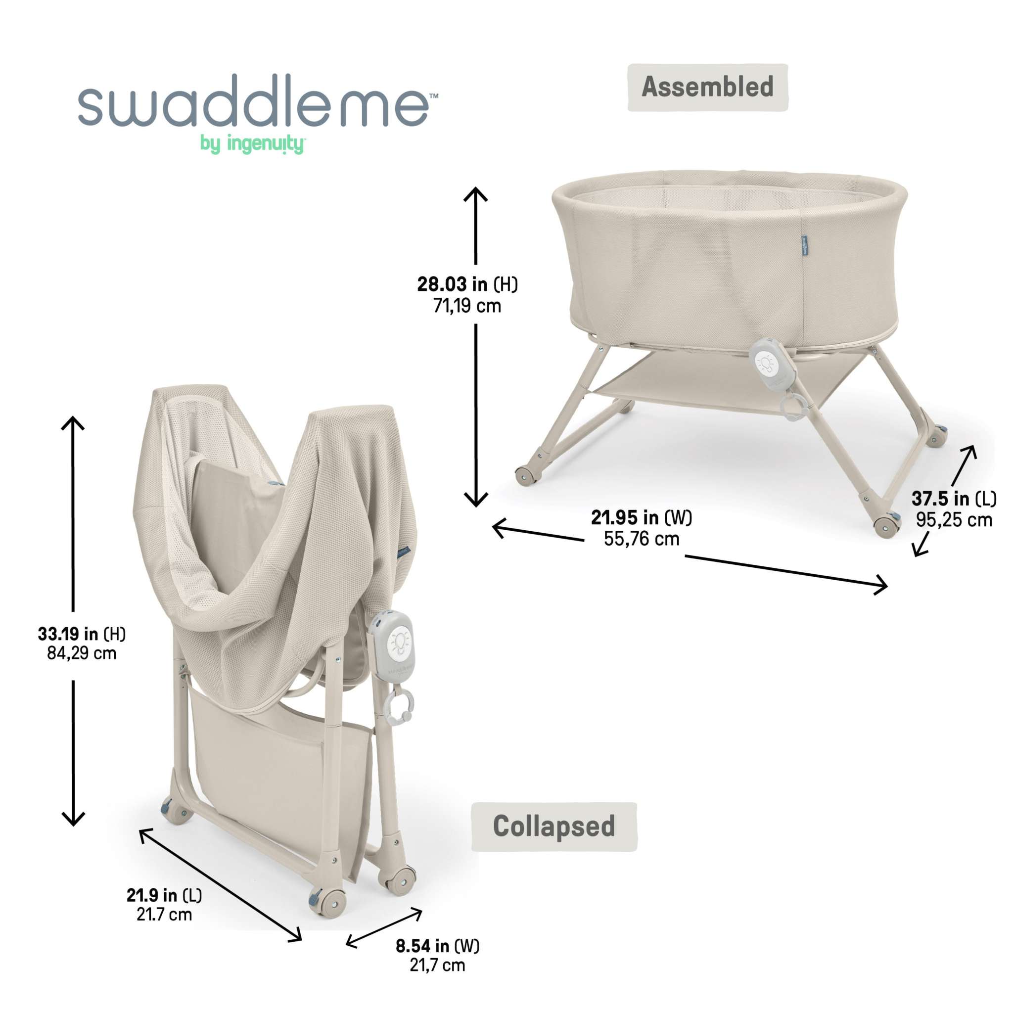 Ingenuity Snooze & Stow folding bassinet with sound light vibration in sand color