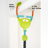 Bounce 'n Spring Deluxe Door Jumper securely attached to doorway, demonstrating dimensions and easy installation.