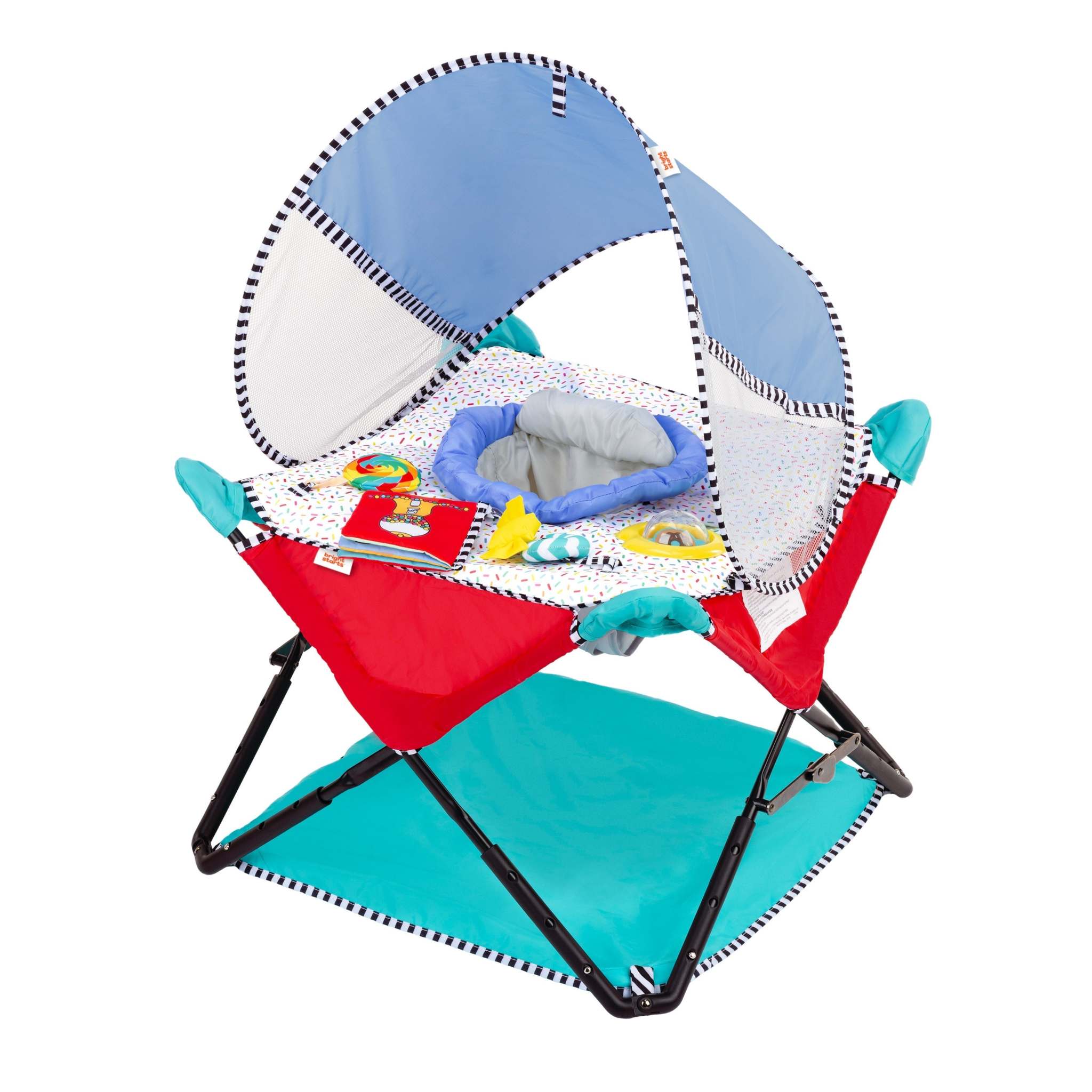 Bright Starts Pop 'N Jump Portable Activity Jumper with Sweet Treats theme, removable canopy, sensory toys, and three height adjustments for babies 6-12 months.