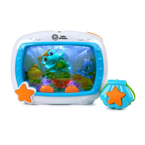 Blue Baby Einstein Sea Dreams Soother musical crib toy with ocean-themed lights and characters, remote control included.