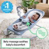 baby in a happy belly rock-to-bounce massage seat - chambray