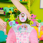 Bright Starts Pink Paradise Vibrating Baby Bouncer with toys and harness