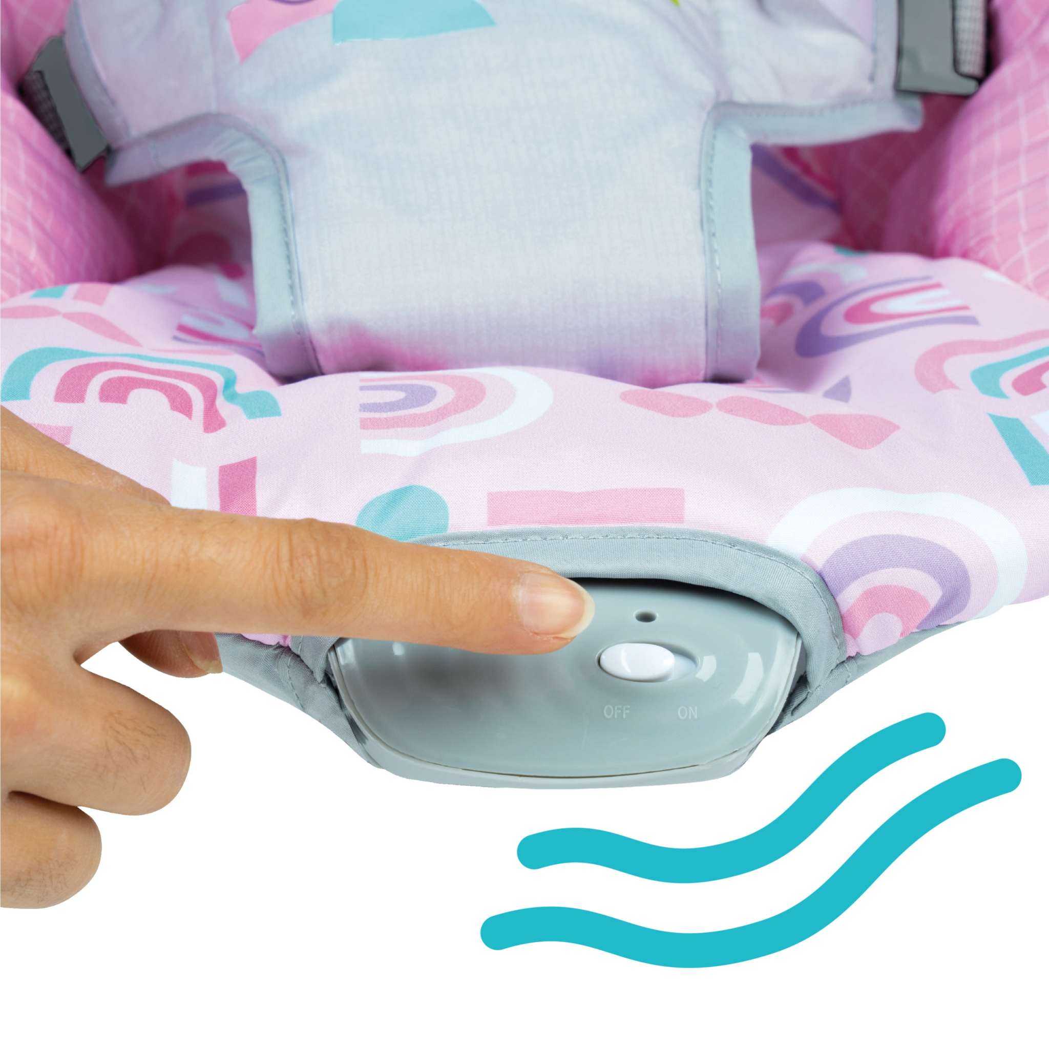 Bright Starts pink vibrating baby bouncer with interactive toys and safety harness