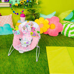 Bright Starts Pink Paradise Vibrating Baby Bouncer with toys and harness
