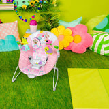Bright Starts Pink Paradise Vibrating Baby Bouncer with toys and harness