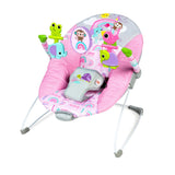 Bright Starts pink vibrating baby bouncer with spinning toys and calming vibrations