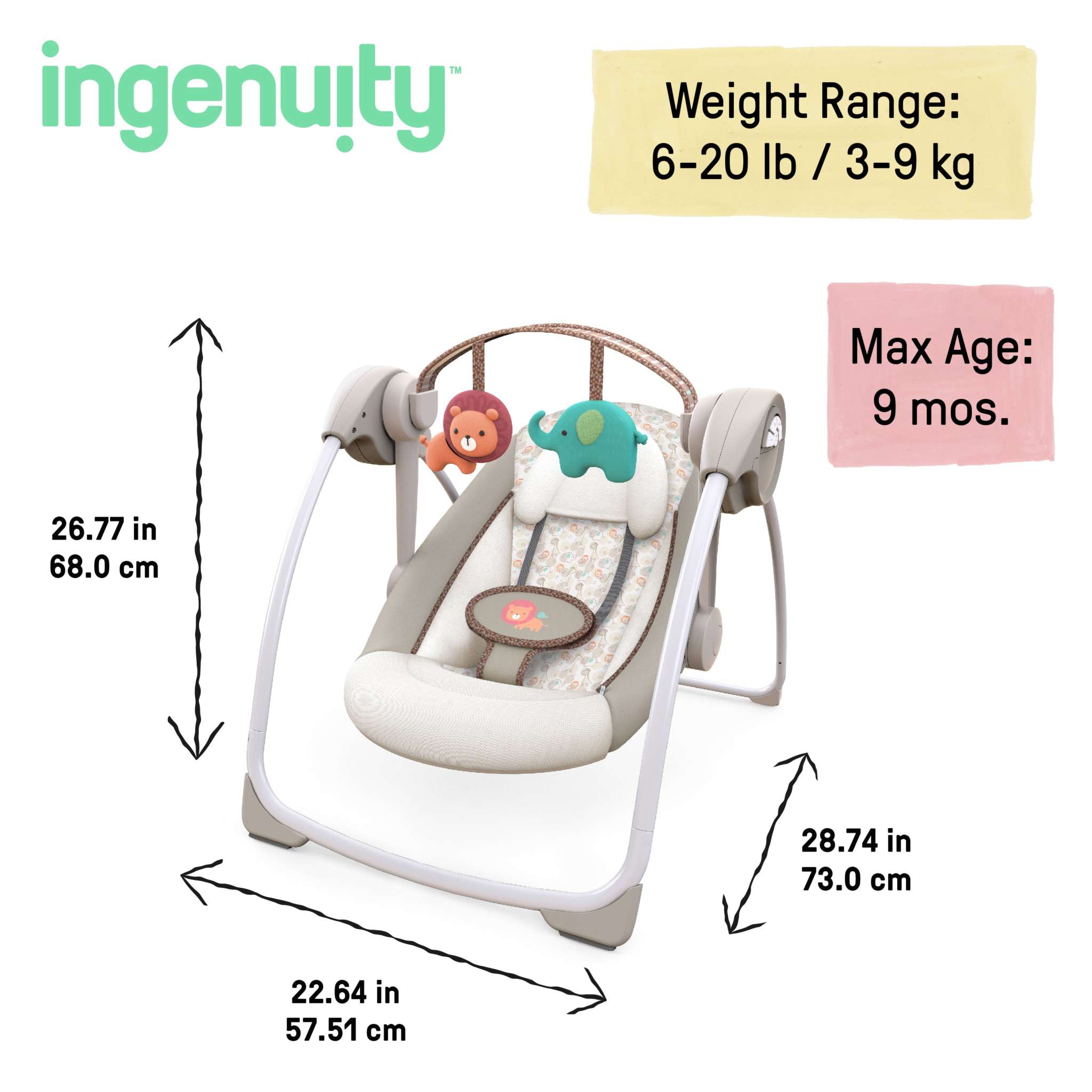 Ingenuity Soothe 'n Delight Portable Baby Swing in Cozy Kingdom design with plush seat and adjustable recline