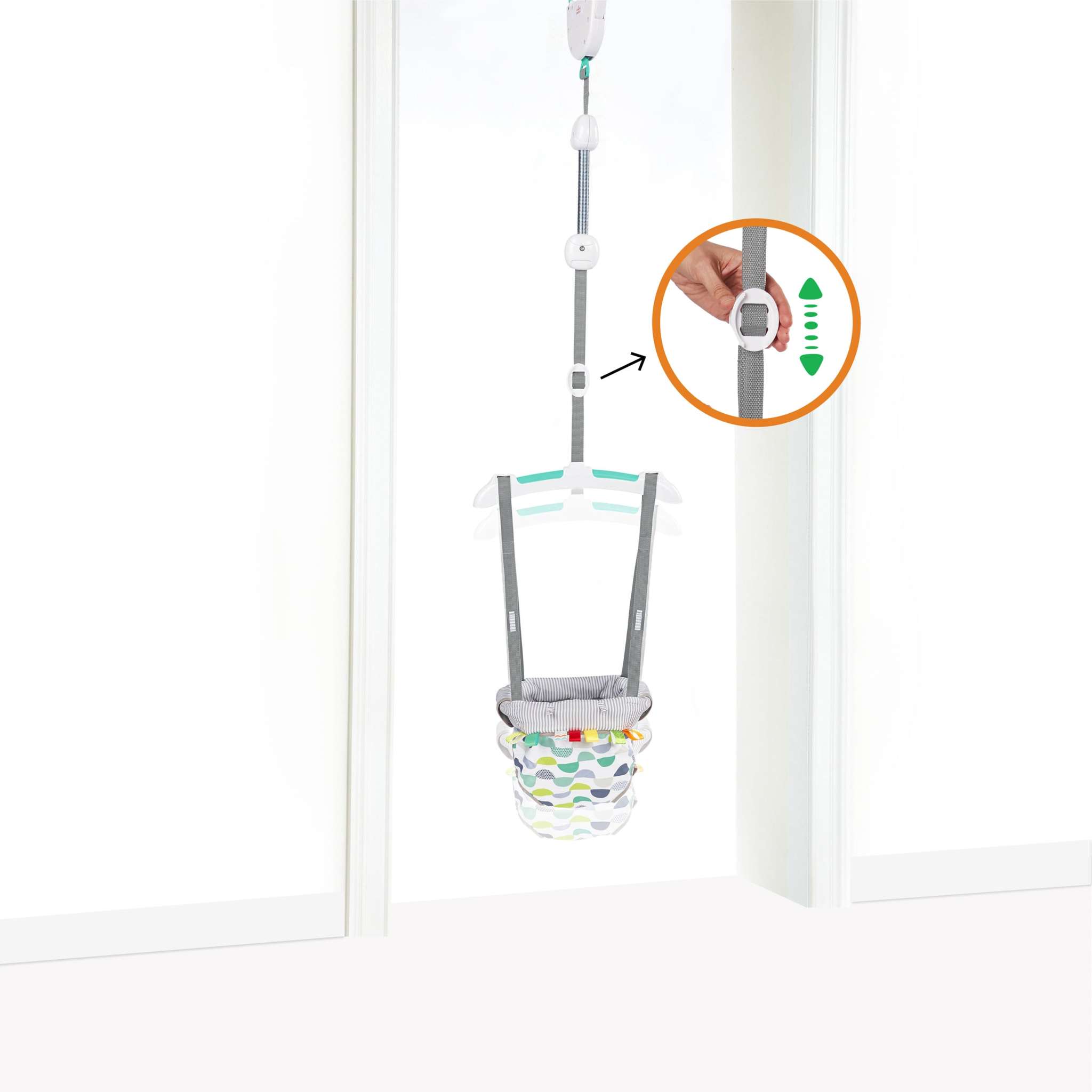 Bright Starts Playful Parade Door Jumper securely fits most doorways for baby jumping fun