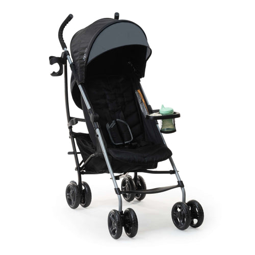 Lightweight gray Ingenuity 3Dlite™ convenience stroller with sun visor, child and parent cup holders, and anti-shock wheels.
