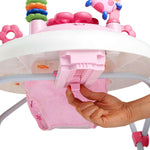 Pink JuneBerry Walk-A-Bout Walker with removable electronic toy, adjustable height, and supportive high seat back for baby girls