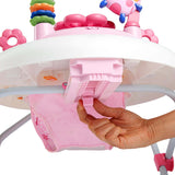 Pink JuneBerry Walk-A-Bout Walker with removable electronic toy, adjustable height, and supportive high seat back for baby girls