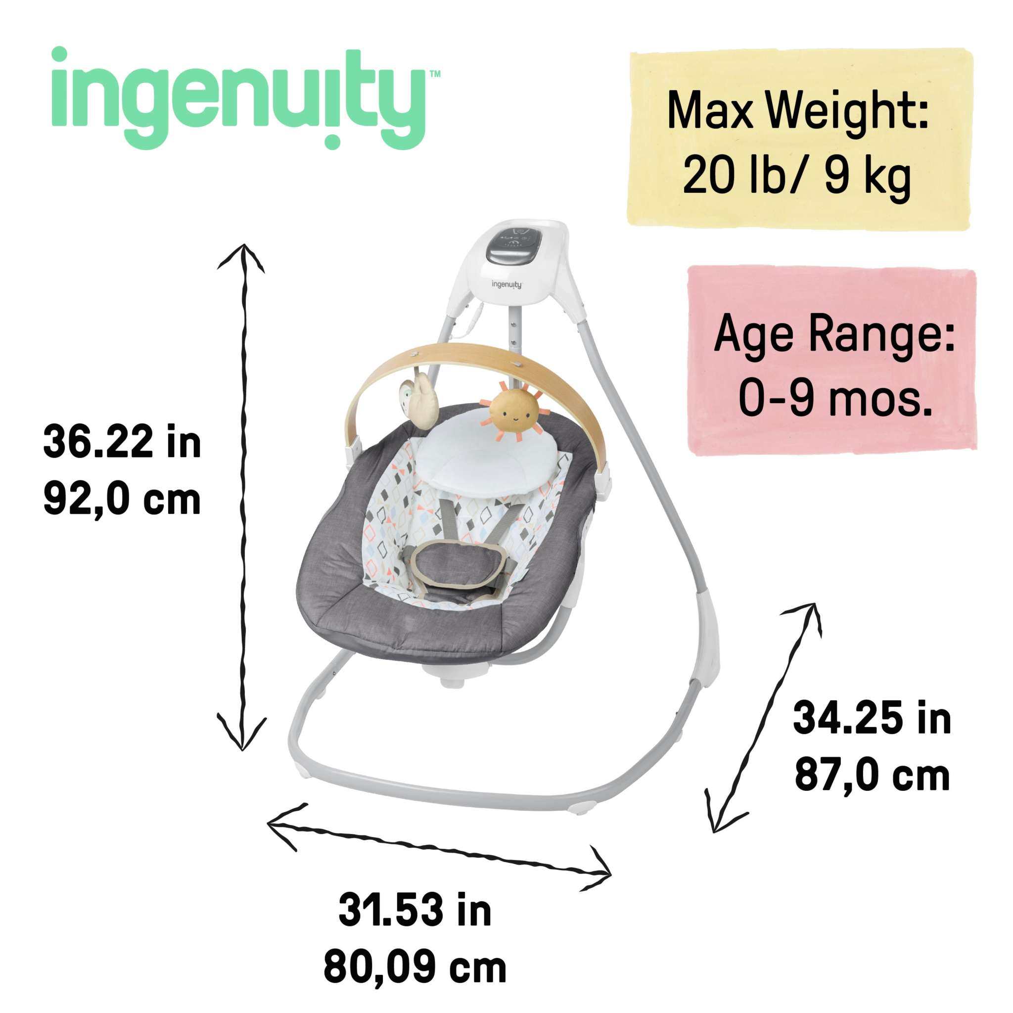 Ingenuity SimpleComfort Compact Soothing Swing with rotating wooden toy bar and 6-speed settings