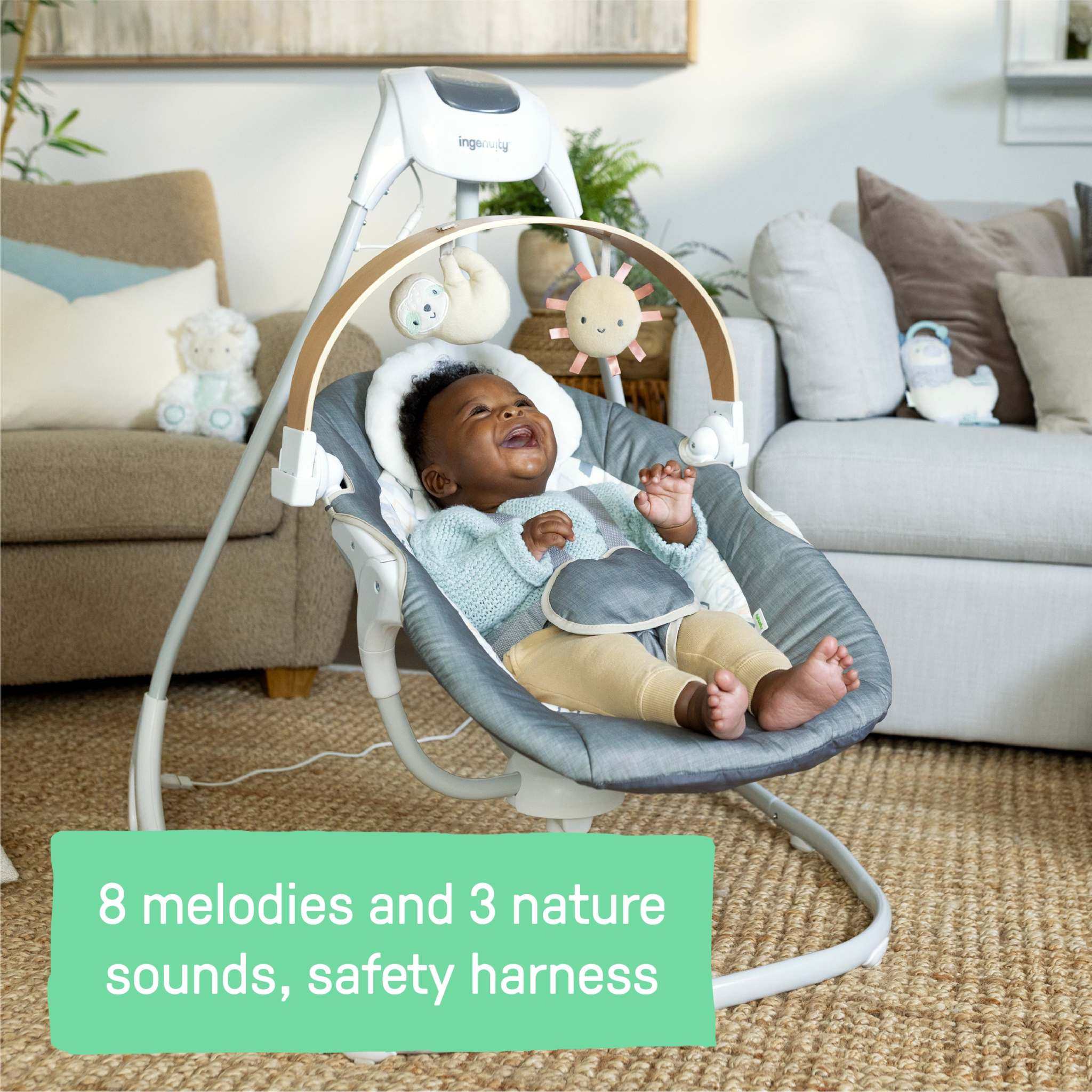 Ingenuity SimpleComfort Compact Soothing Swing with rotating wooden toy bar