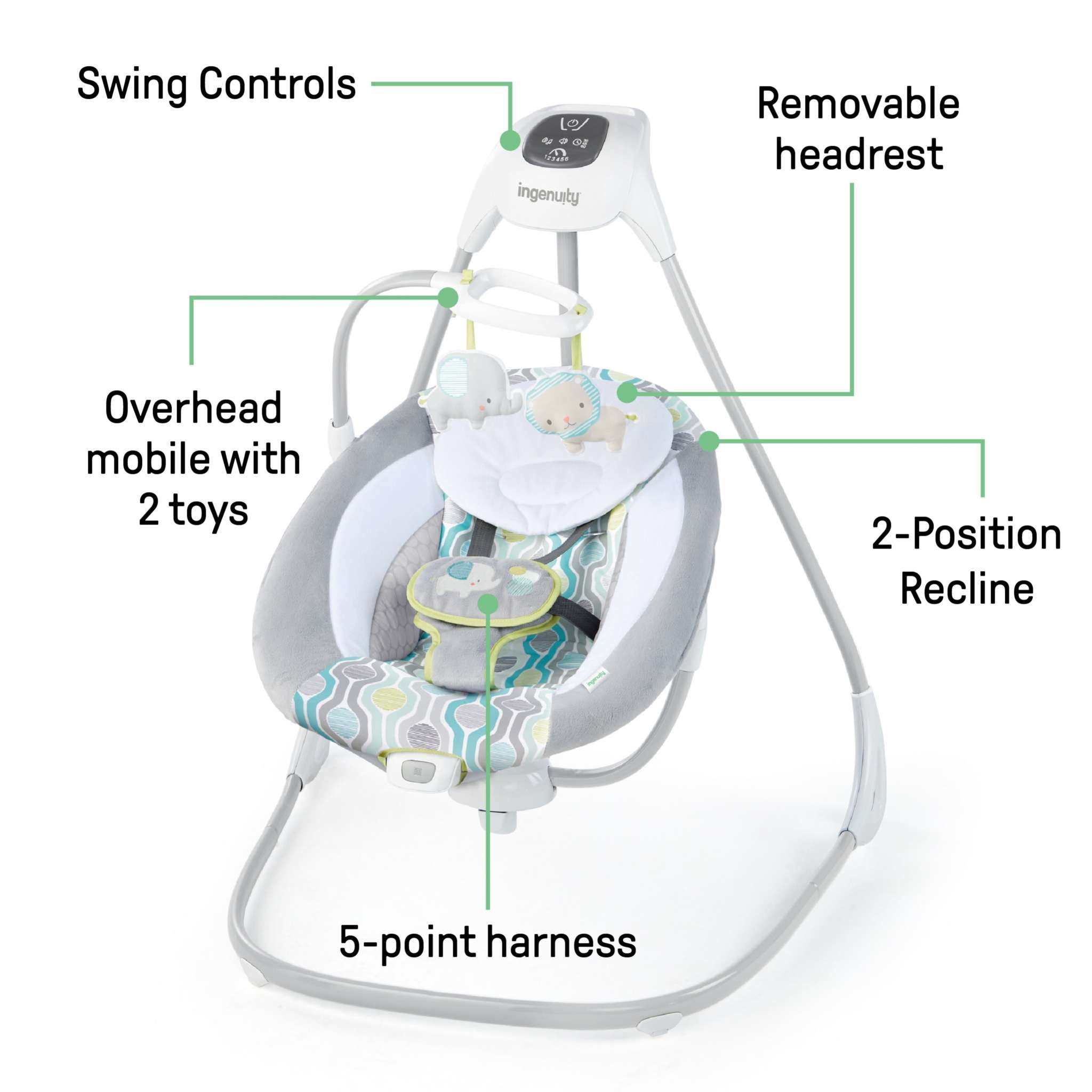 Ingenuity SimpleComfort Multi-Direction baby swing with rotating oversized seat and plush mobile