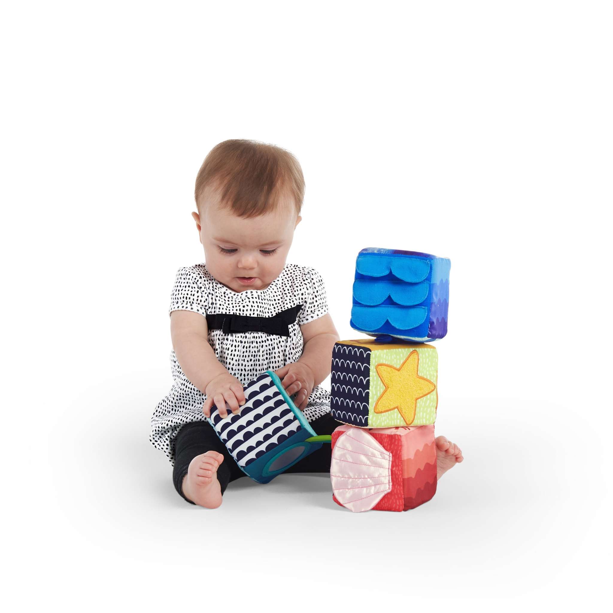 Baby soft stacking blocks with mirror and multi-texture fabrics