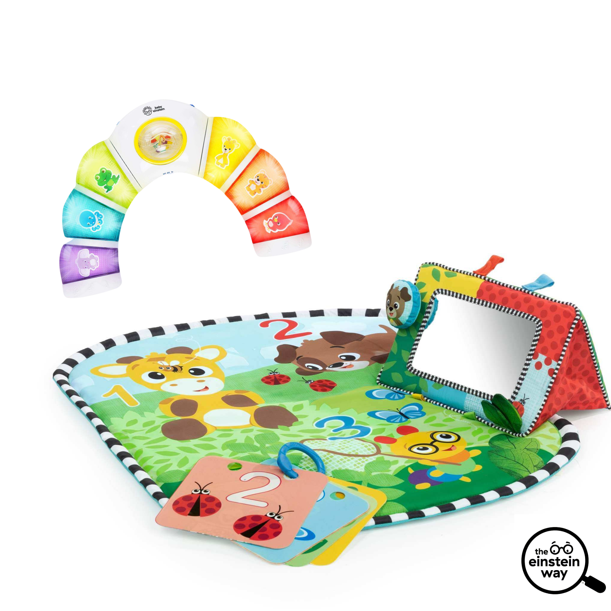 Baby Einstein Discovery Garden & Glow Bundle with tummy time mat and light bar for cognitive development.