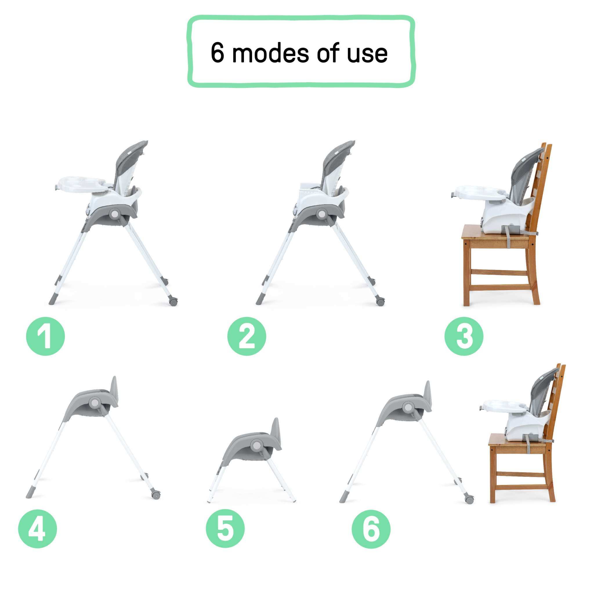 Ingenuity Trio Foldaway 6-in-1 high chair in white with adjustable footrest and removable tray