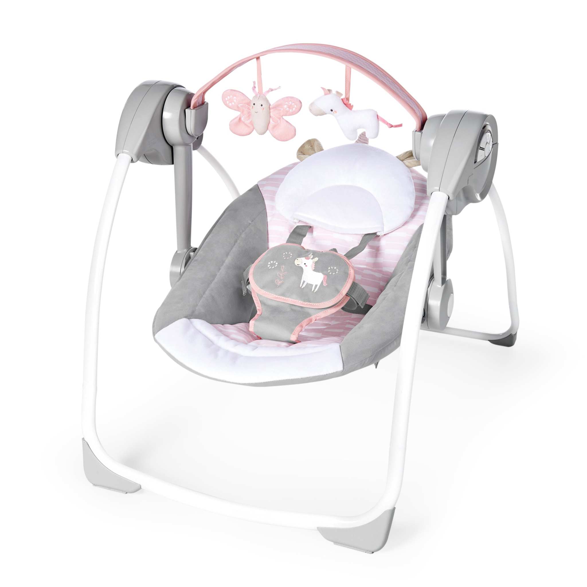Comfort 2 Go Portable Swing in pink with unicorn and butterfly toys for baby girls