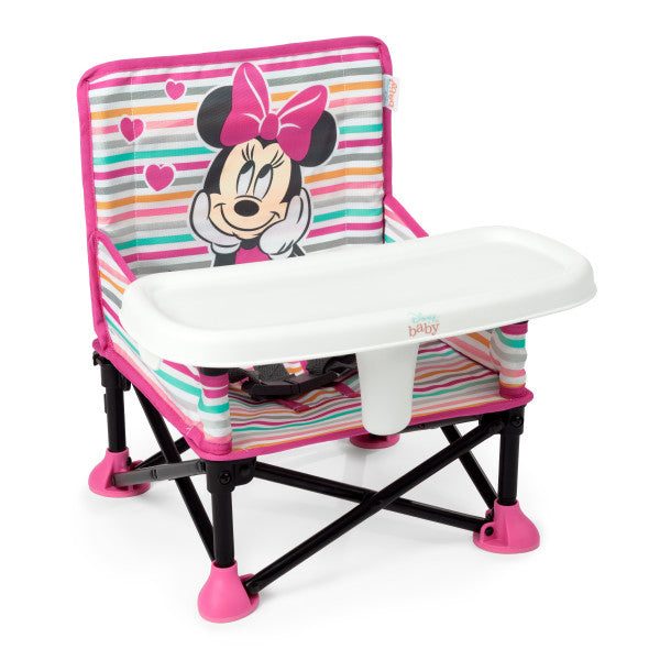 Minnie Mouse Pop ‘N Sit™ Portable Booster Seat with removable tray, striped design, and safety features for babies and toddlers.