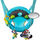 Bright Starts Bounce 'n Spring Deluxe Door Jumper with toys, blue seat, and adjustable straps.