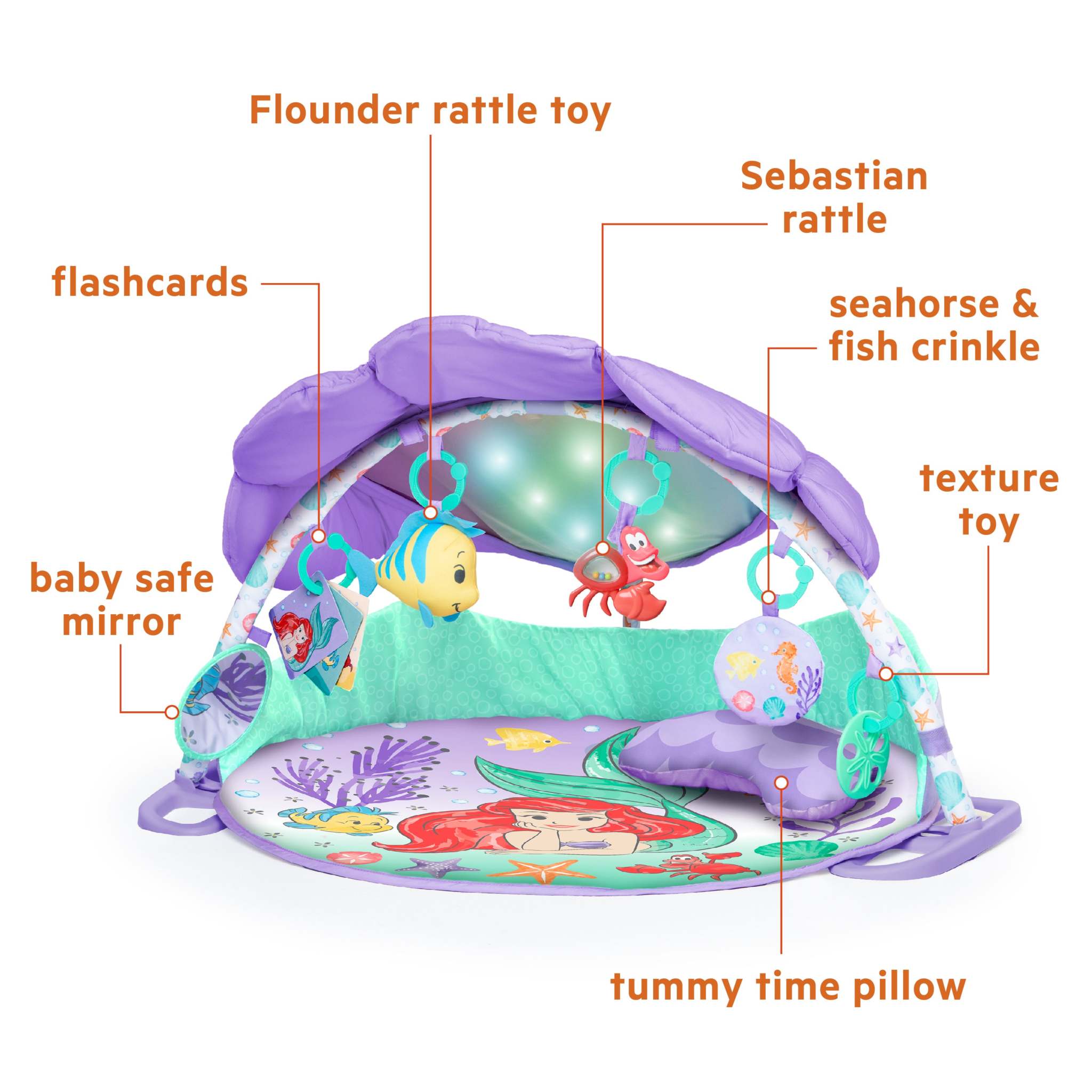 The Little Mermaid Twinkle Trove Lights & Music Activity Gym with character toys, canopy, and tummy time pillow.