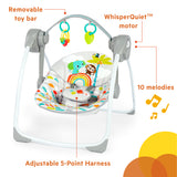 Playful Paradise Portable Swing with removable toy bar, WhisperQuiet motor, 10 melodies, and adjustable 5-point harness.