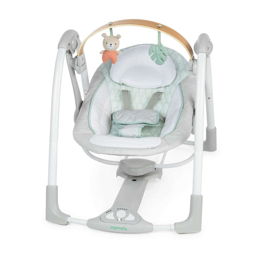 Ingenuity Cozy Spot portable baby swing with plush seat, wooden toy bar, interactive toys, USB-powered, foldable design